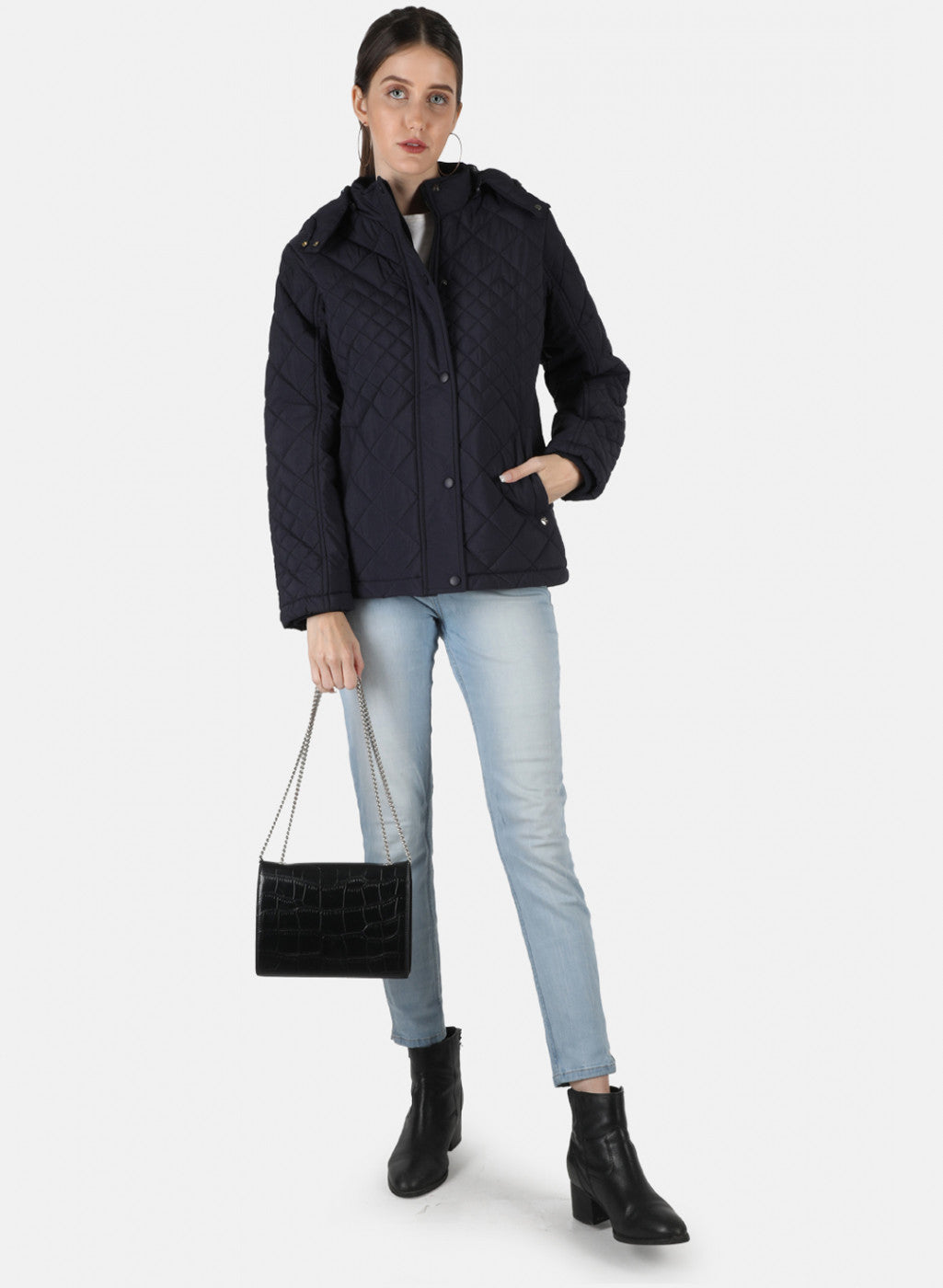 Women Navy Blue Solid Jacket