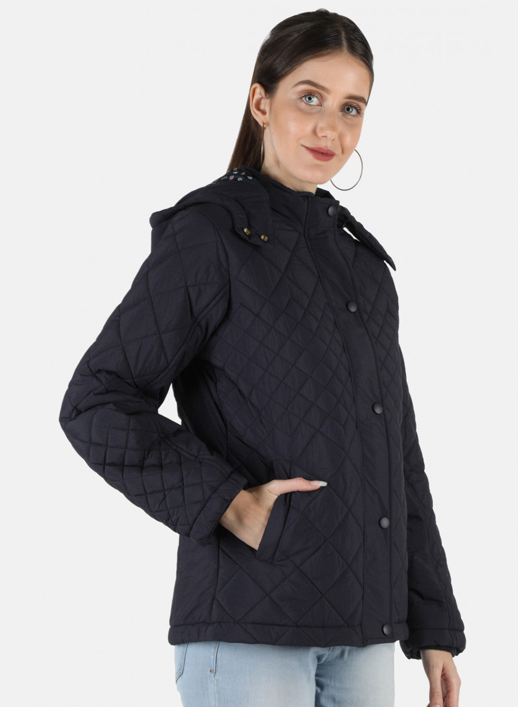 Women Navy Blue Solid Jacket