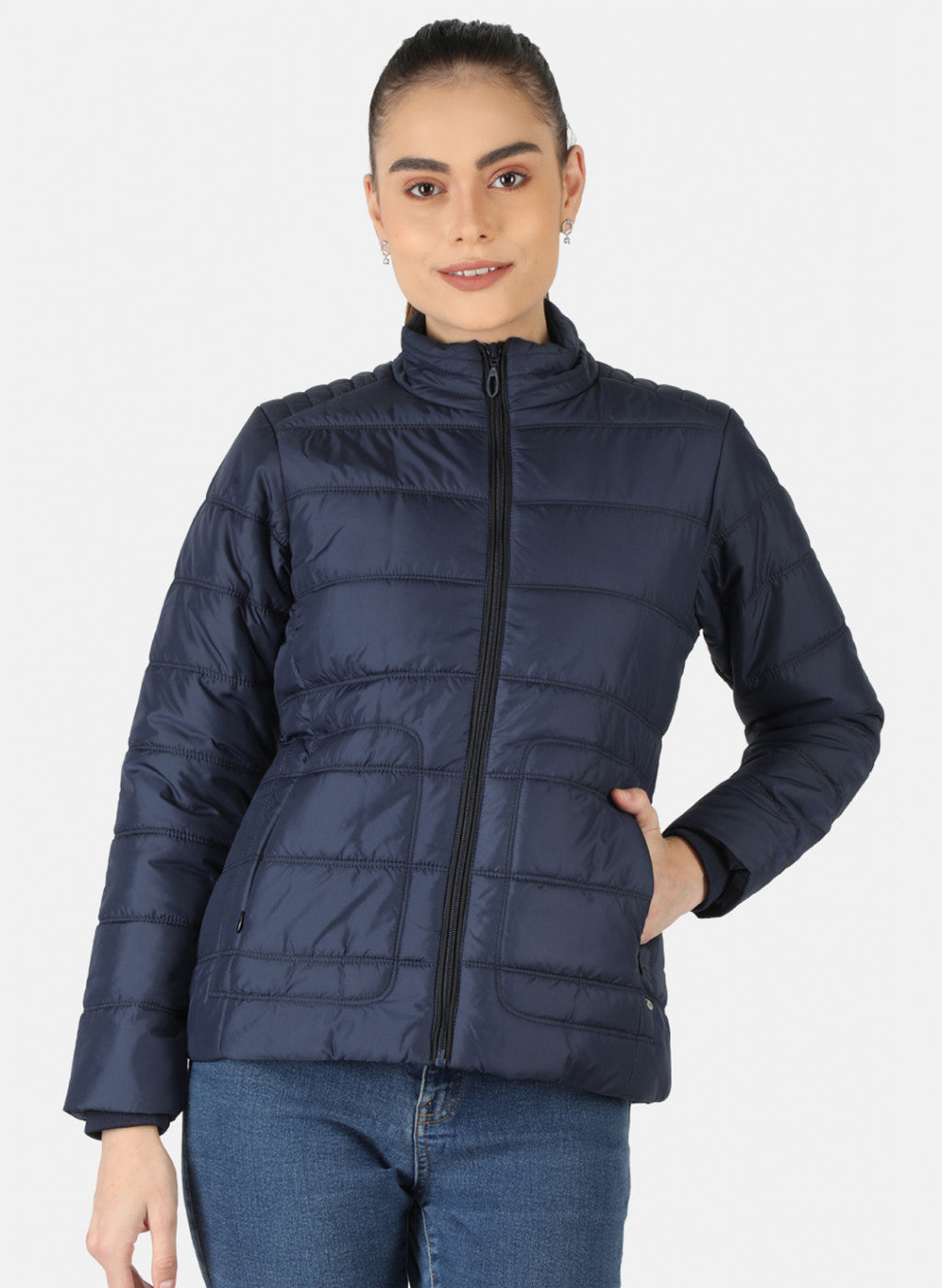 Women Navy Blue Solid Jacket