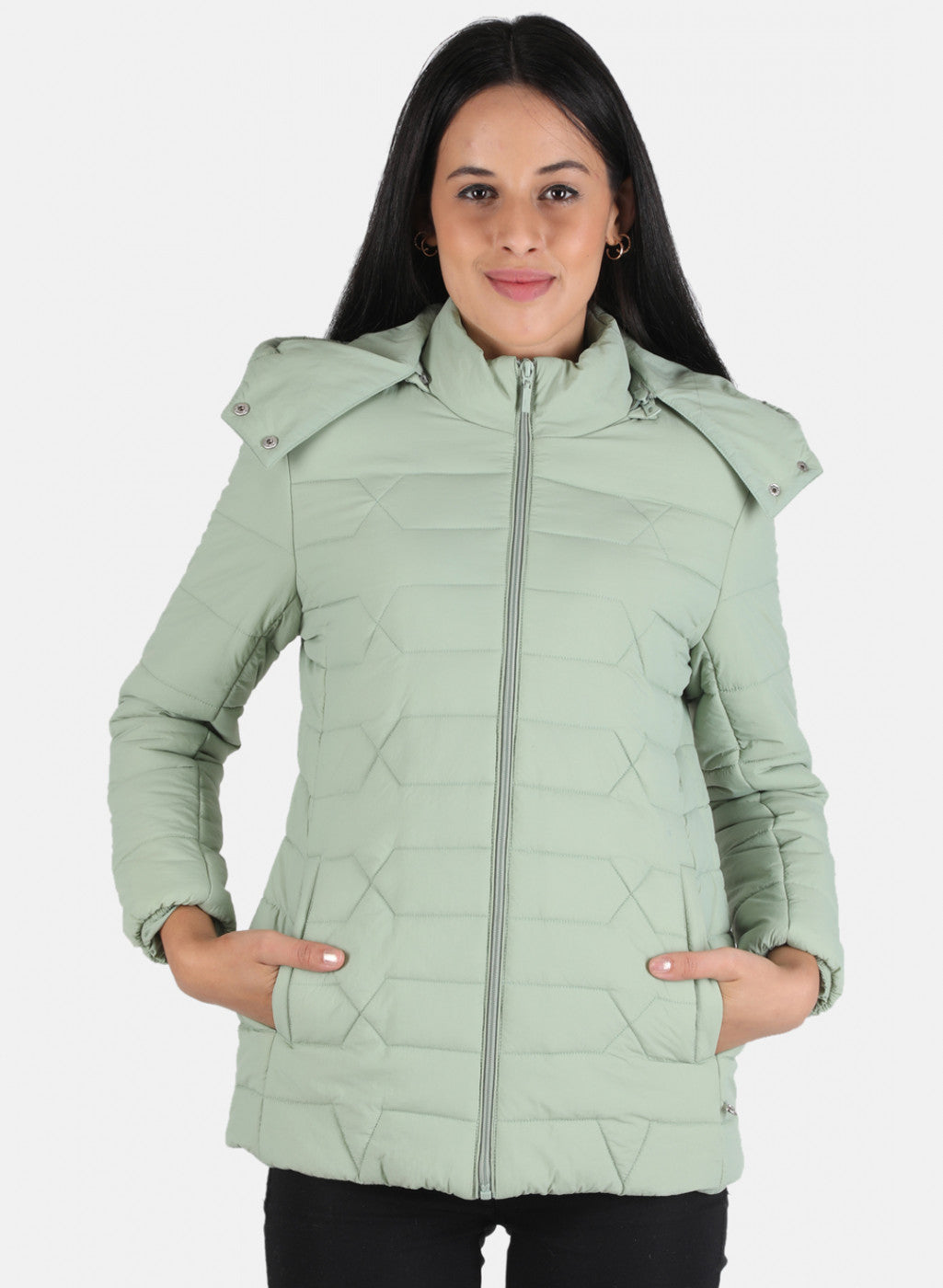 Women Green Solid Hooded Jacket