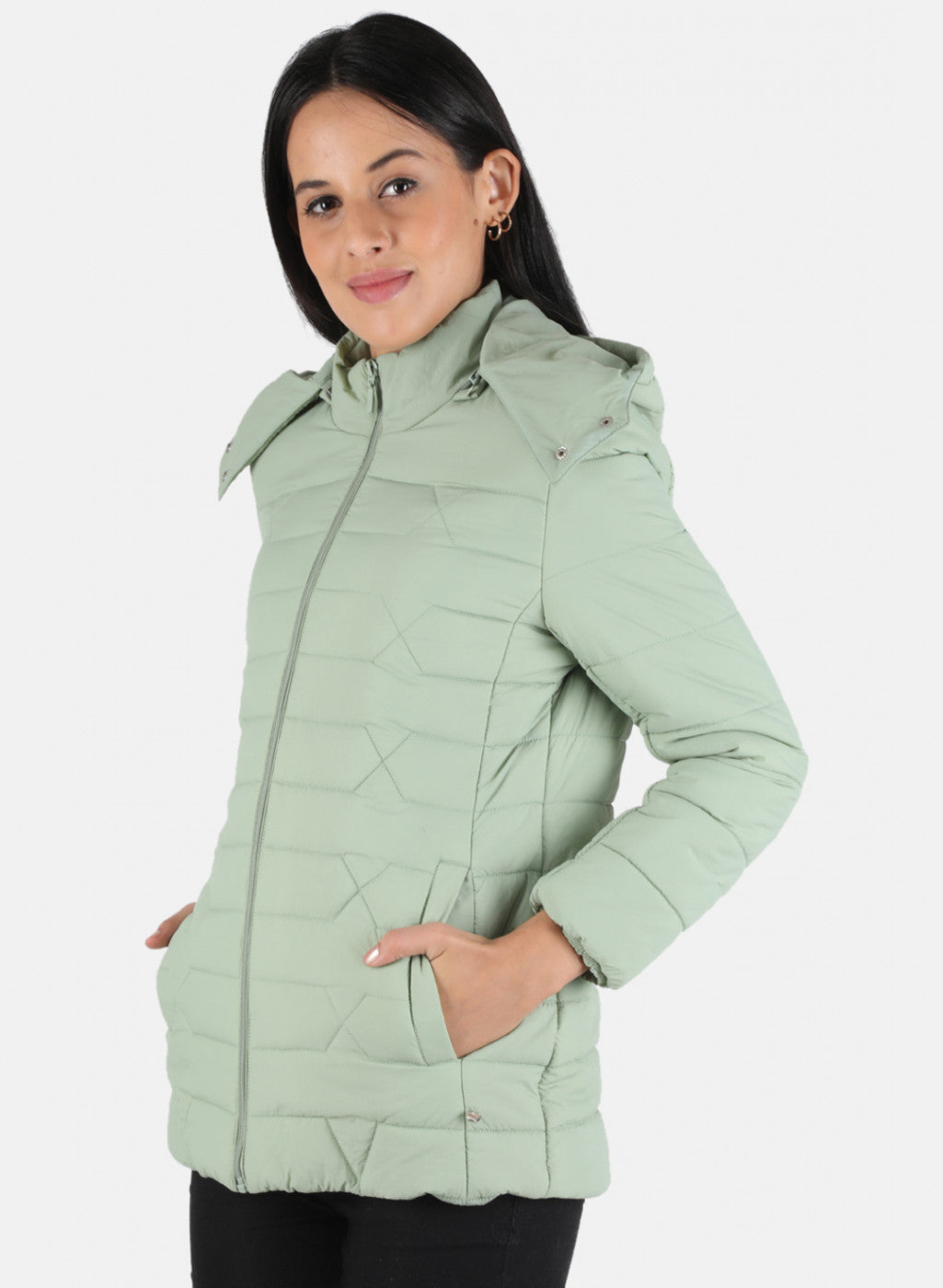 Women Green Solid Hooded Jacket