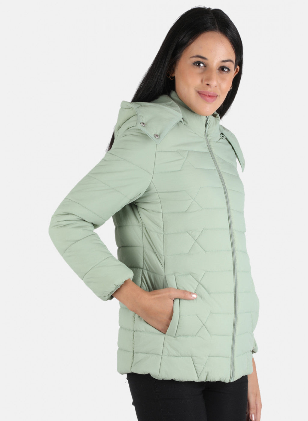 Women Green Solid Hooded Jacket