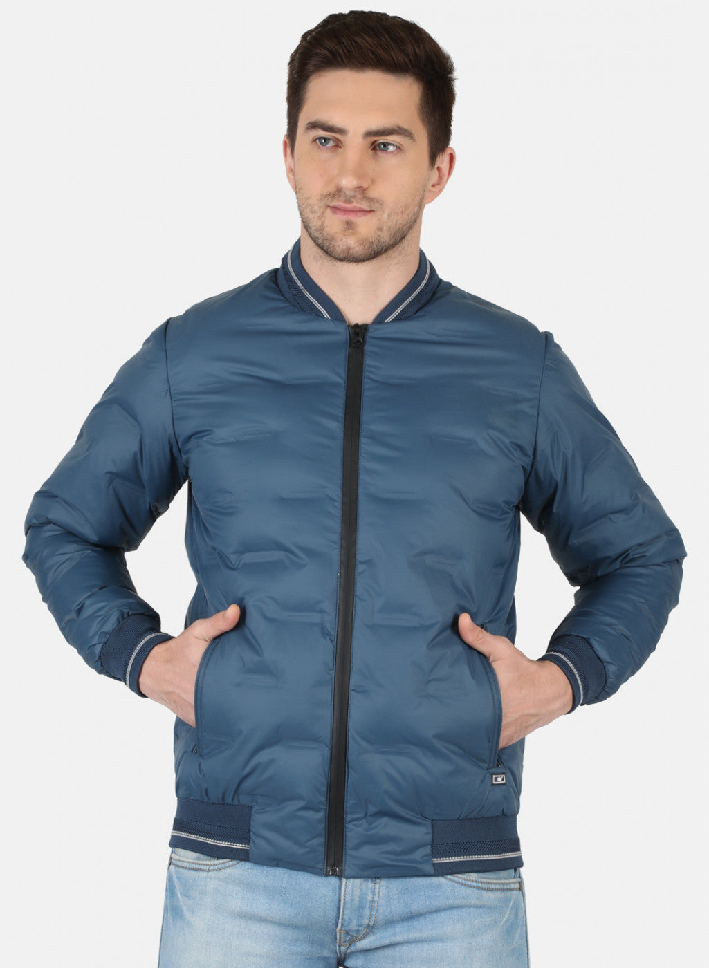 Men Blue Self Design Jacket