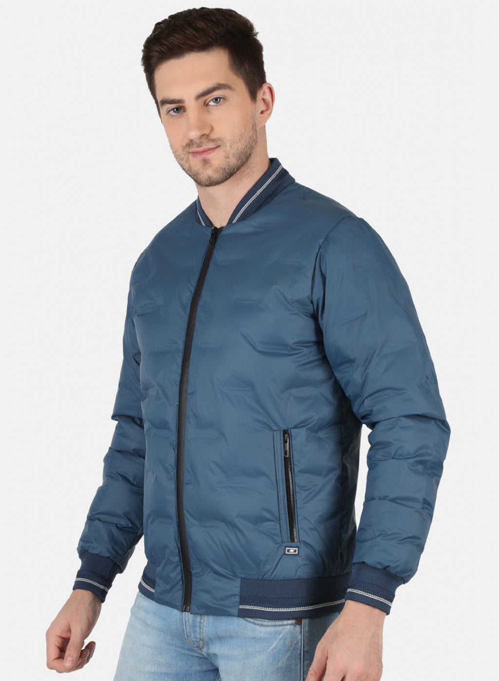 Men Blue Self Design Jacket