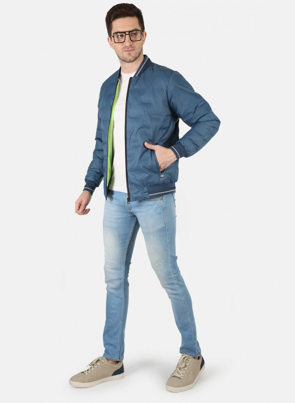 Men Blue Self Design Jacket