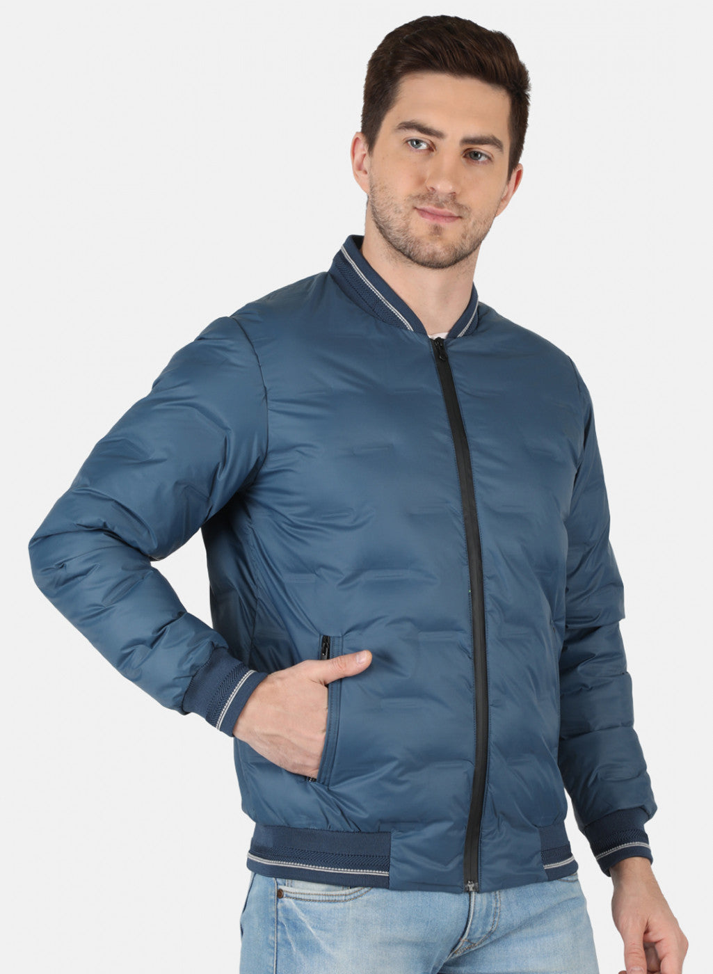 Men Blue Self Design Jacket