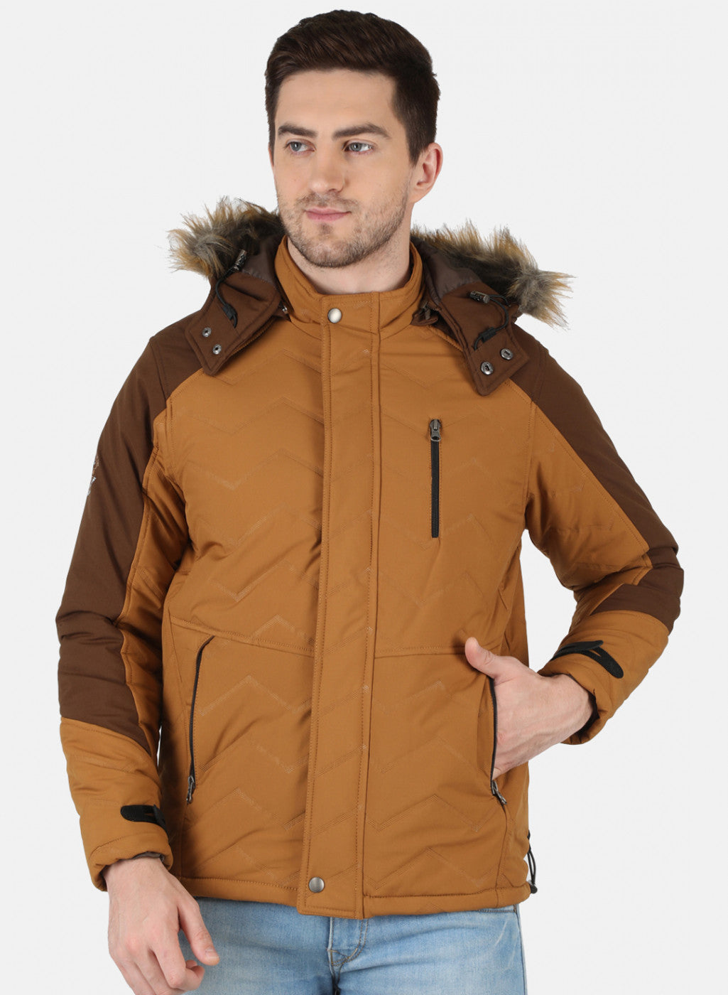 Men Brown Self Design Jacket