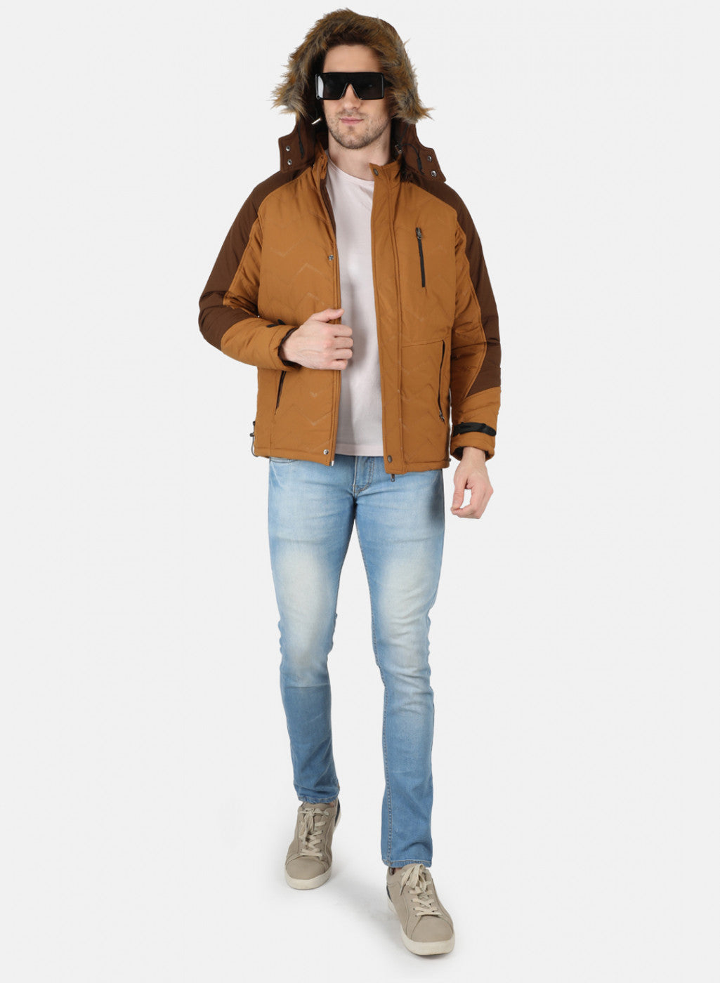 Men Brown Self Design Jacket