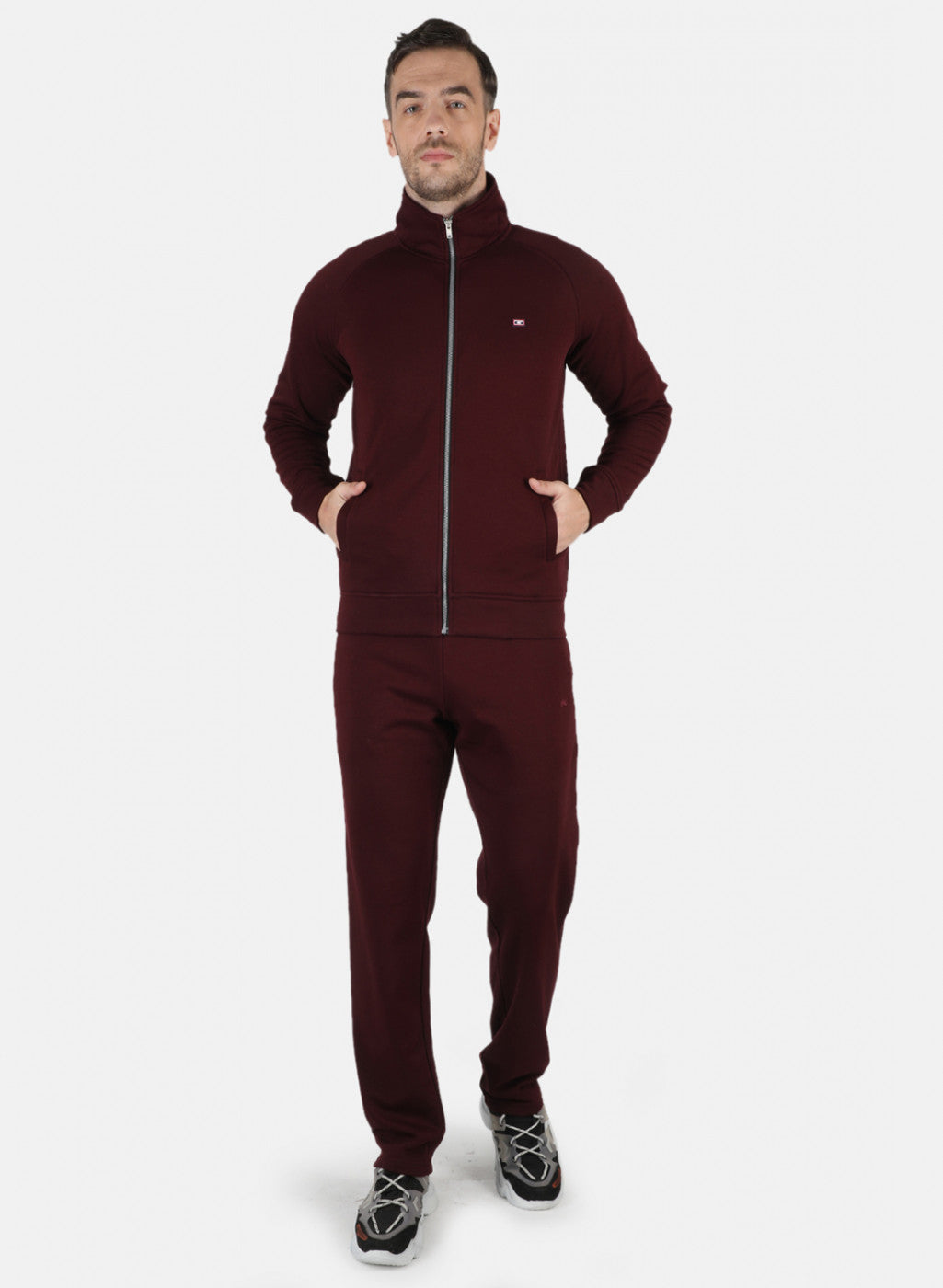 Men Maroon Solid Tracksuit