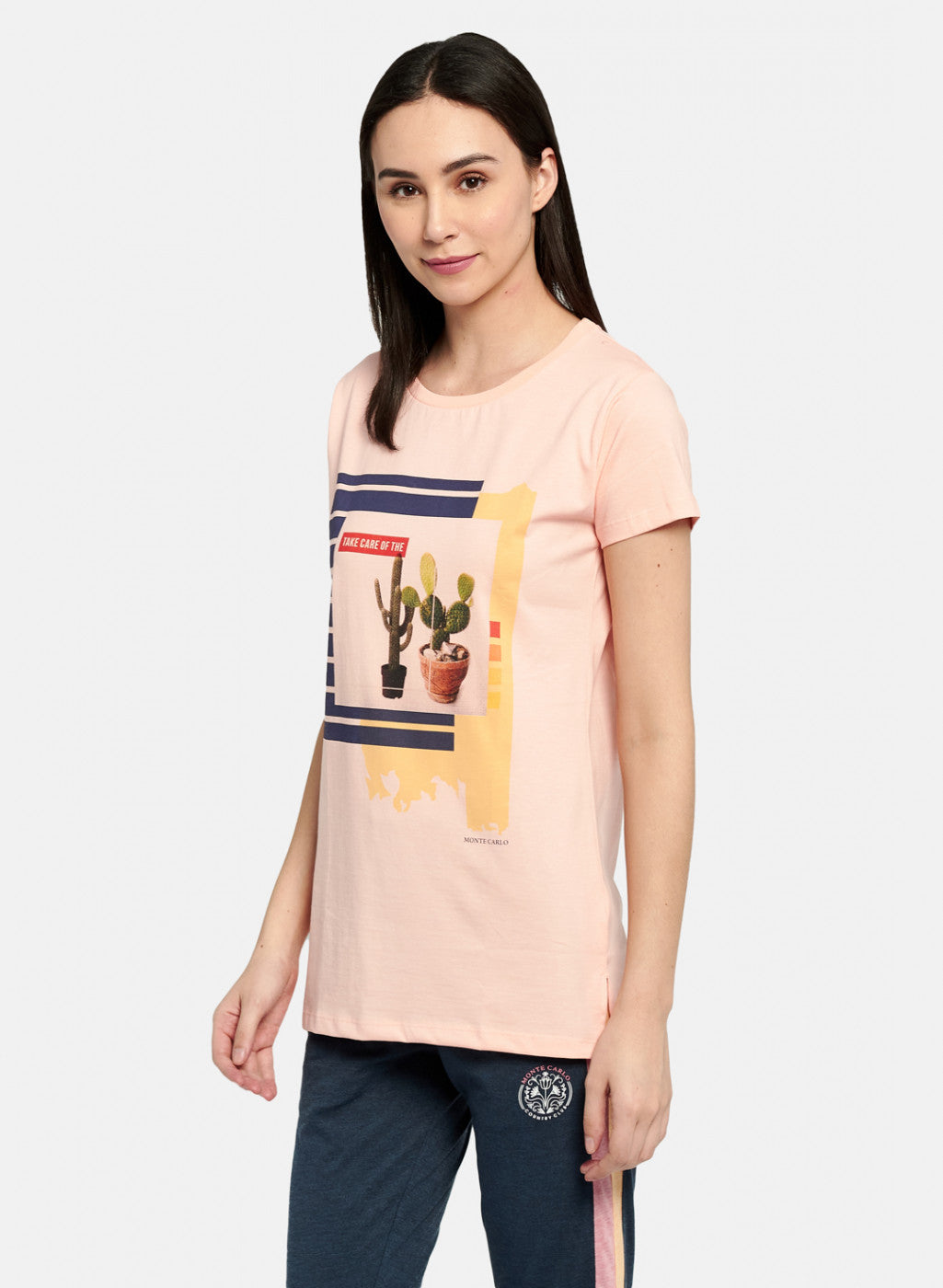 Womens Peach & Off White Printed Top