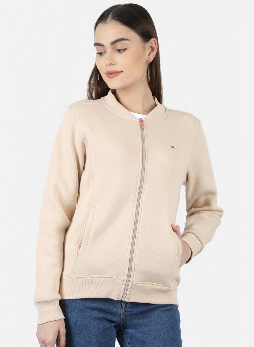 Women Beige Solid Sweatshirt