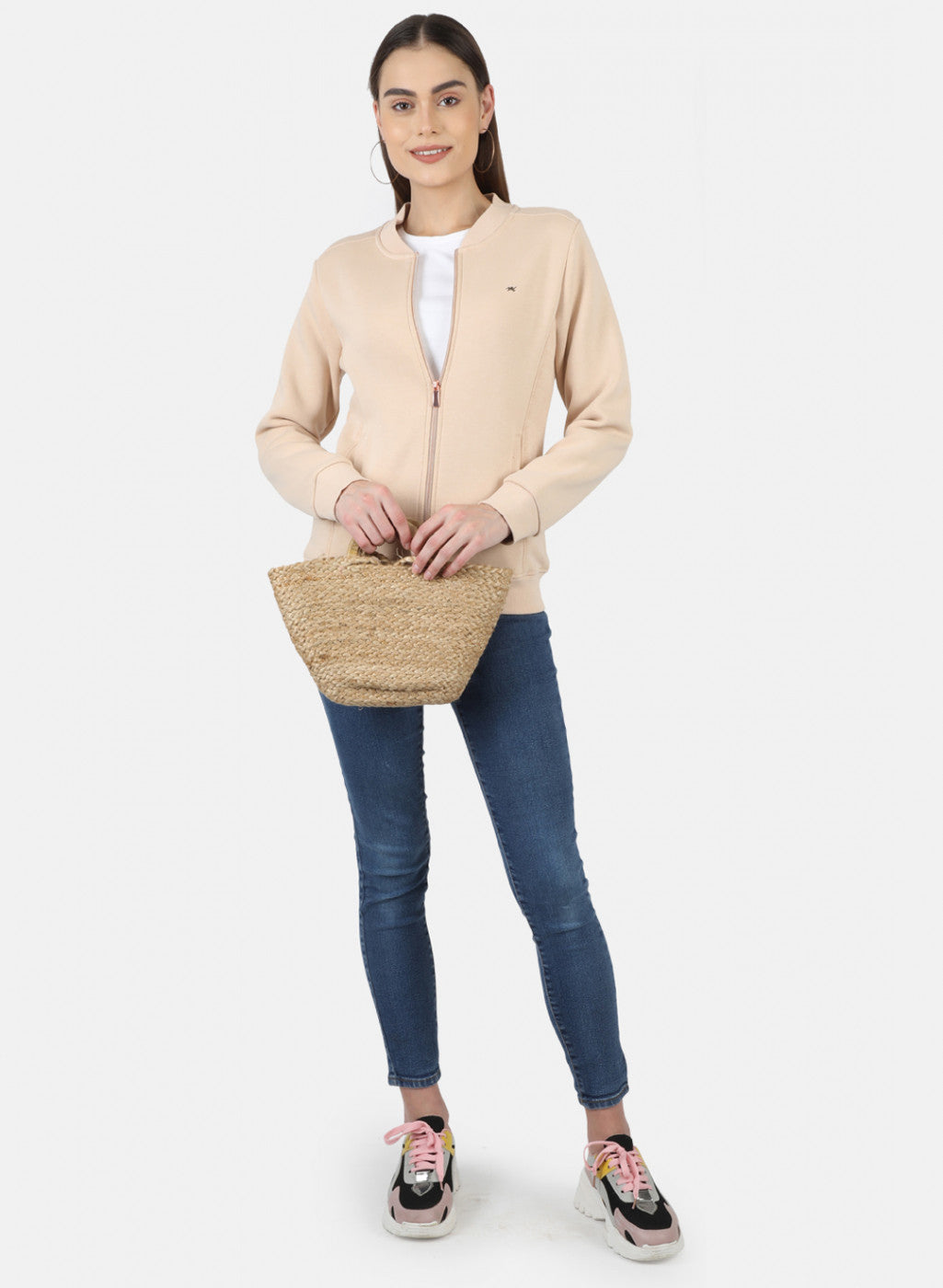 Women Beige Solid Sweatshirt