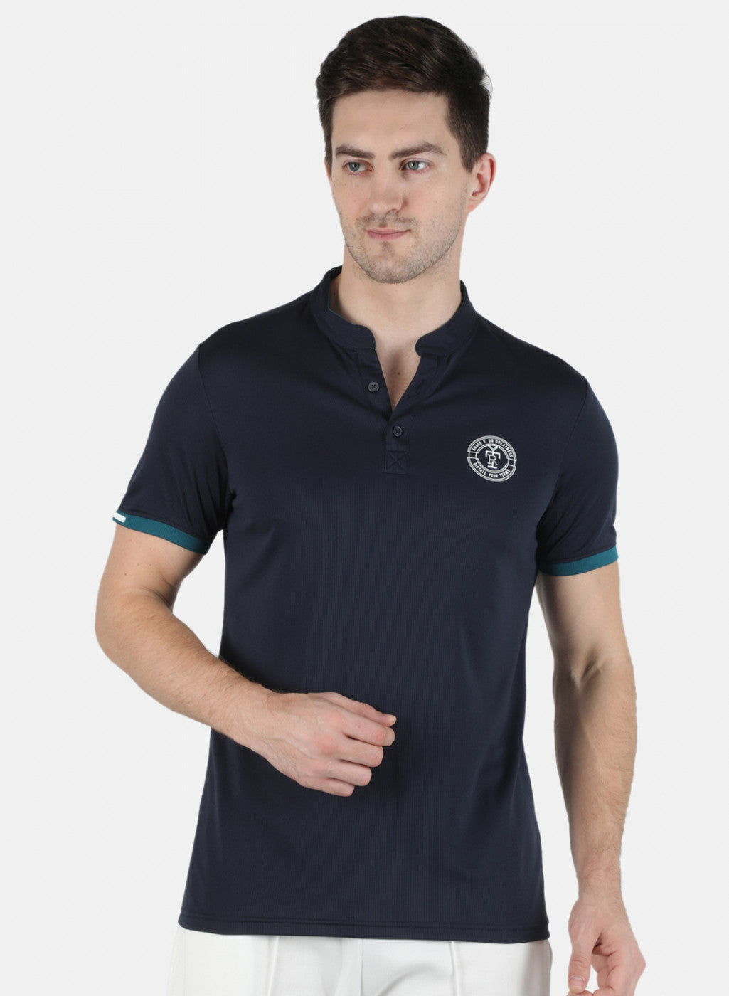 Men NAvy Blue Self Design Collar T-Shirt