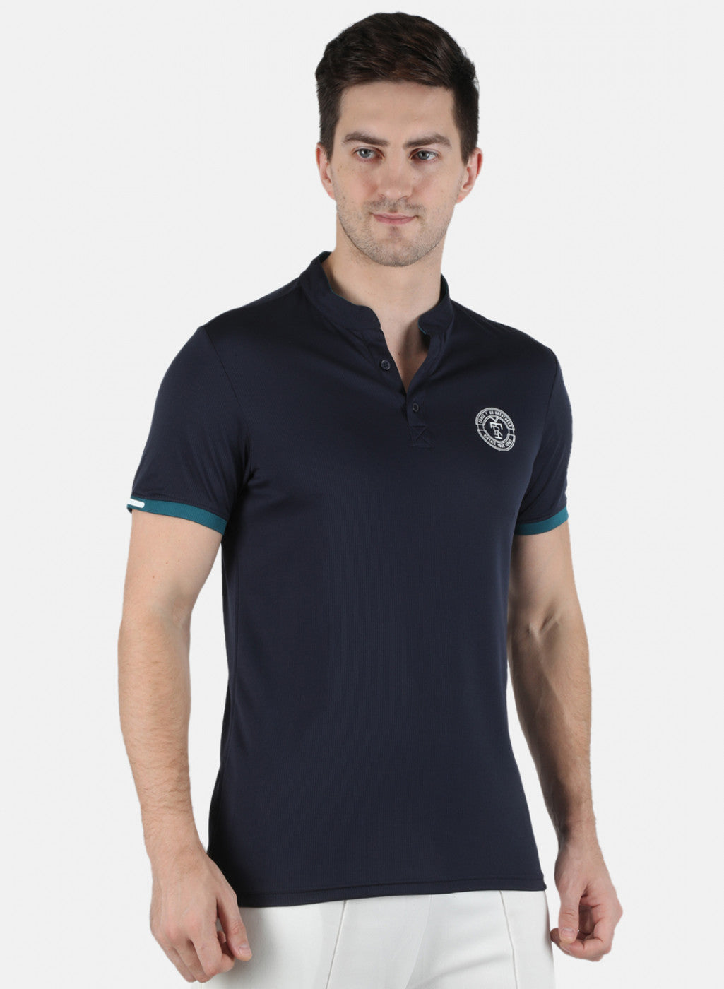 Men NAvy Blue Self Design Collar T-Shirt