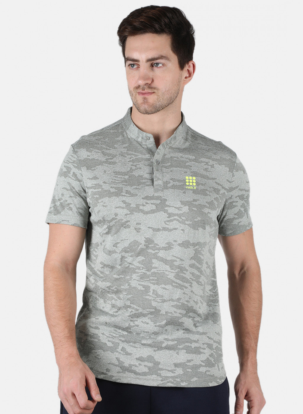 Men Grey Self Design Collar T-Shirt