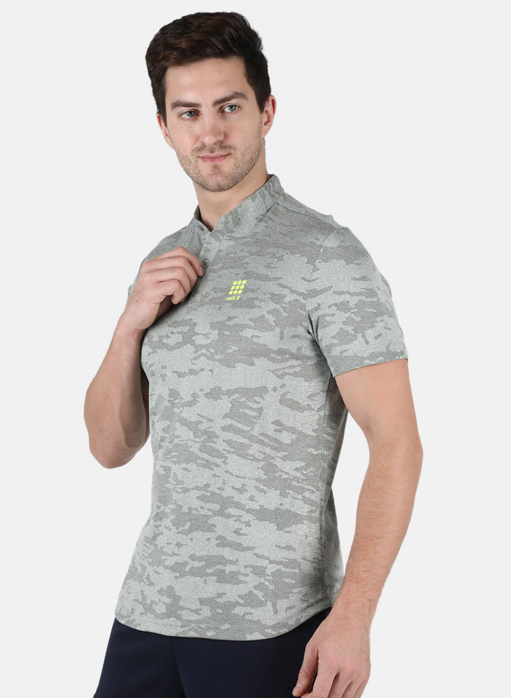 Men Grey Self Design Collar T-Shirt