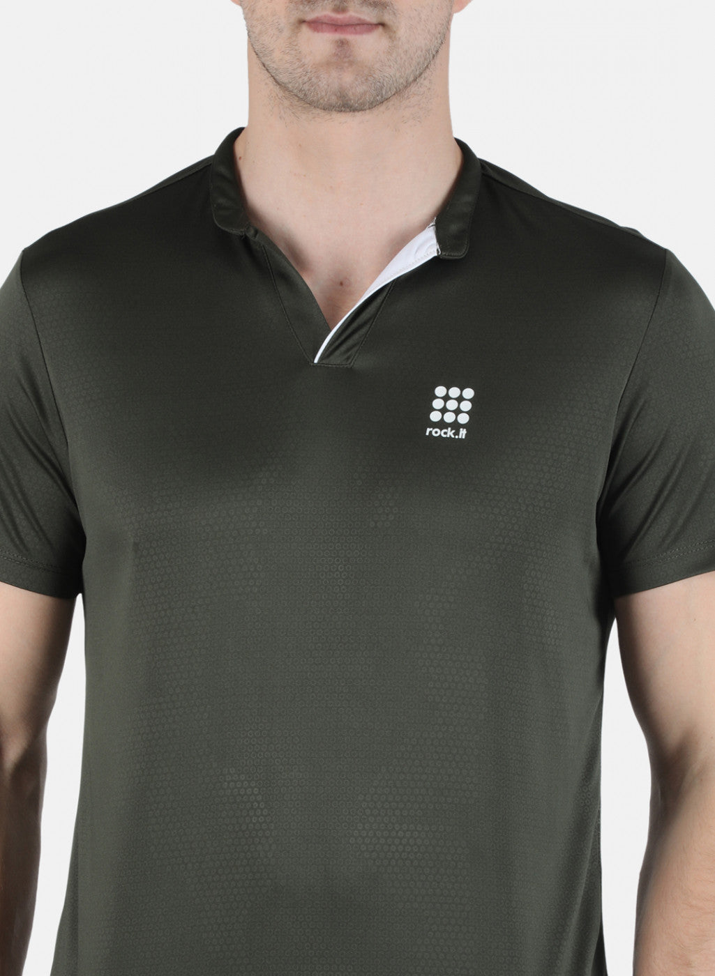 Men Olive Self Design Collar T-Shirt