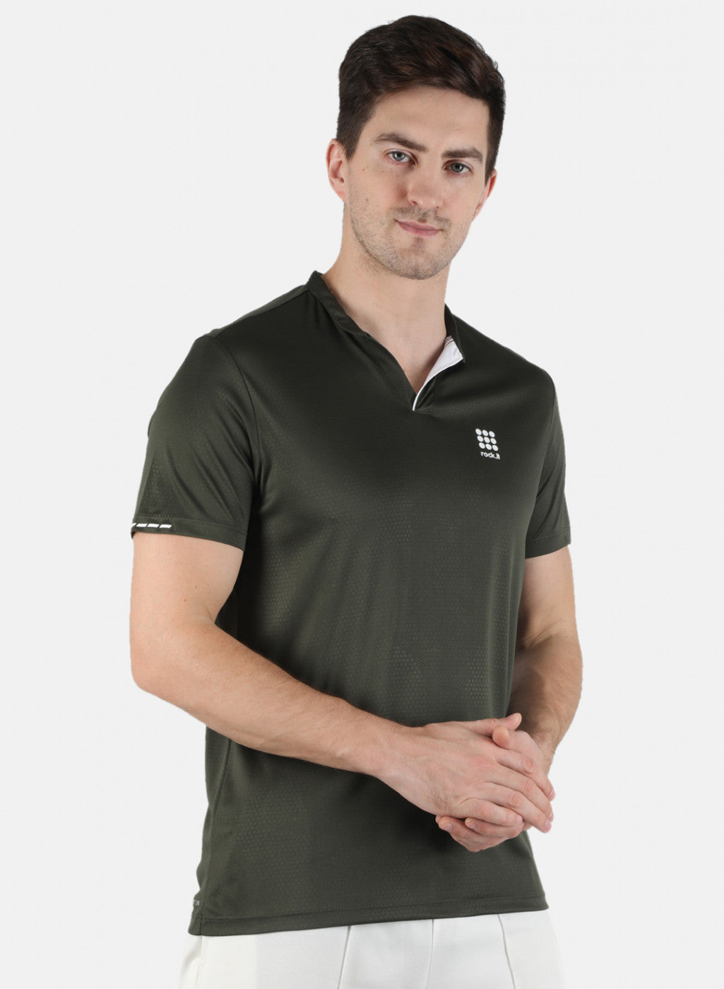 Men Olive Self Design Collar T-Shirt