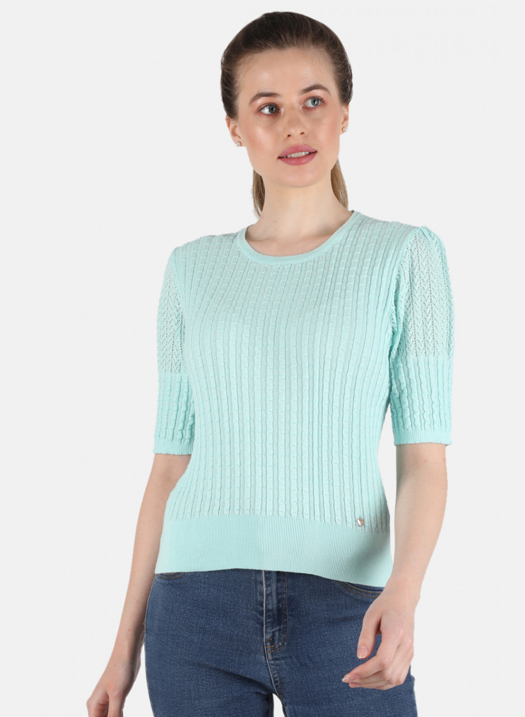 Women Aqua Blue Self Design Top