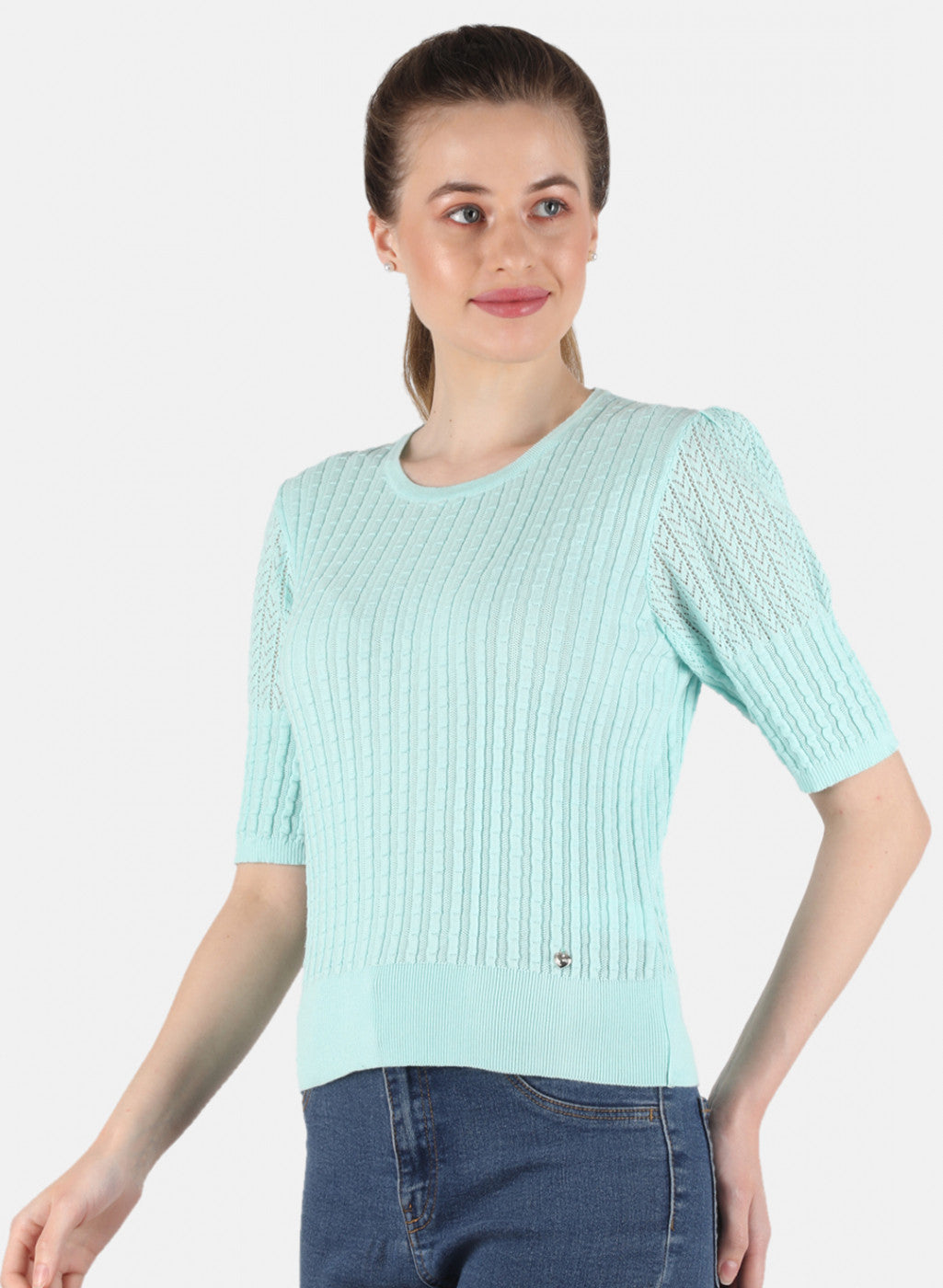 Women Aqua Blue Self Design Top