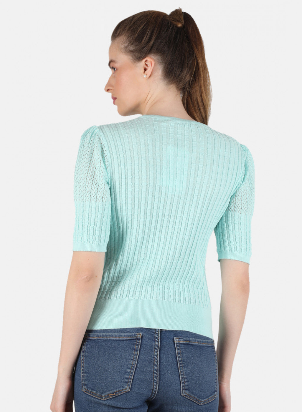 Women Aqua Blue Self Design Top