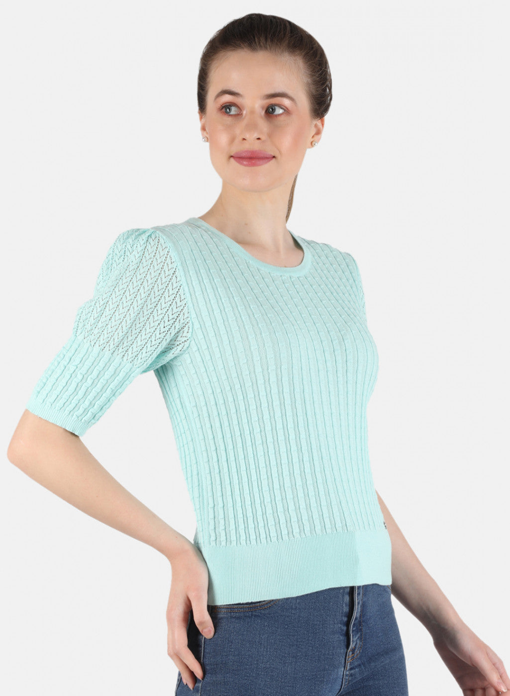 Women Aqua Blue Self Design Top