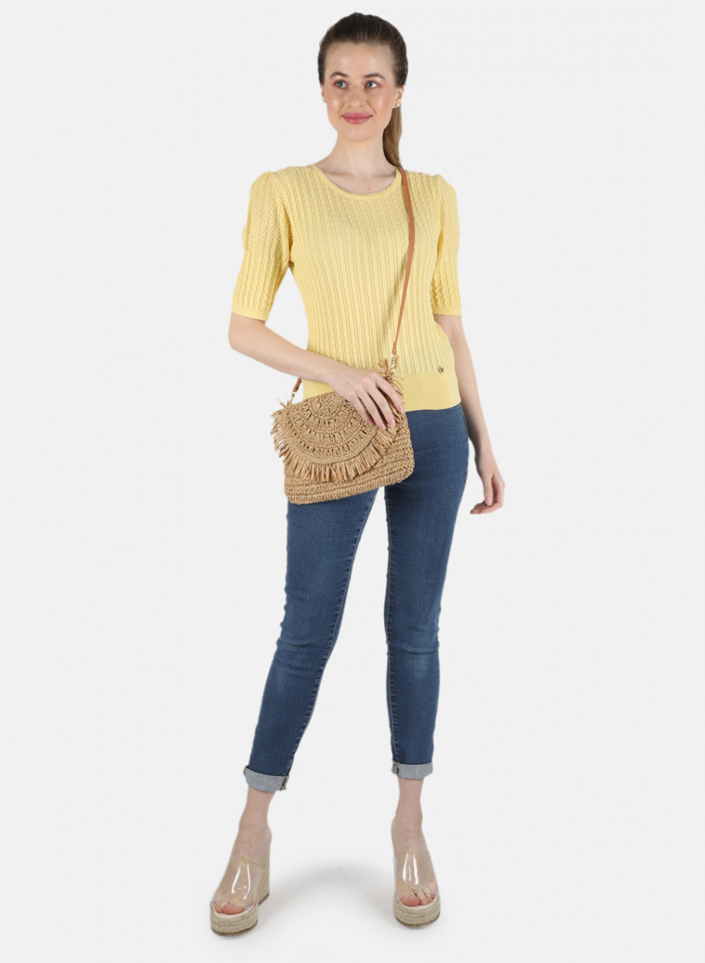 Women Yellow Self Design Top