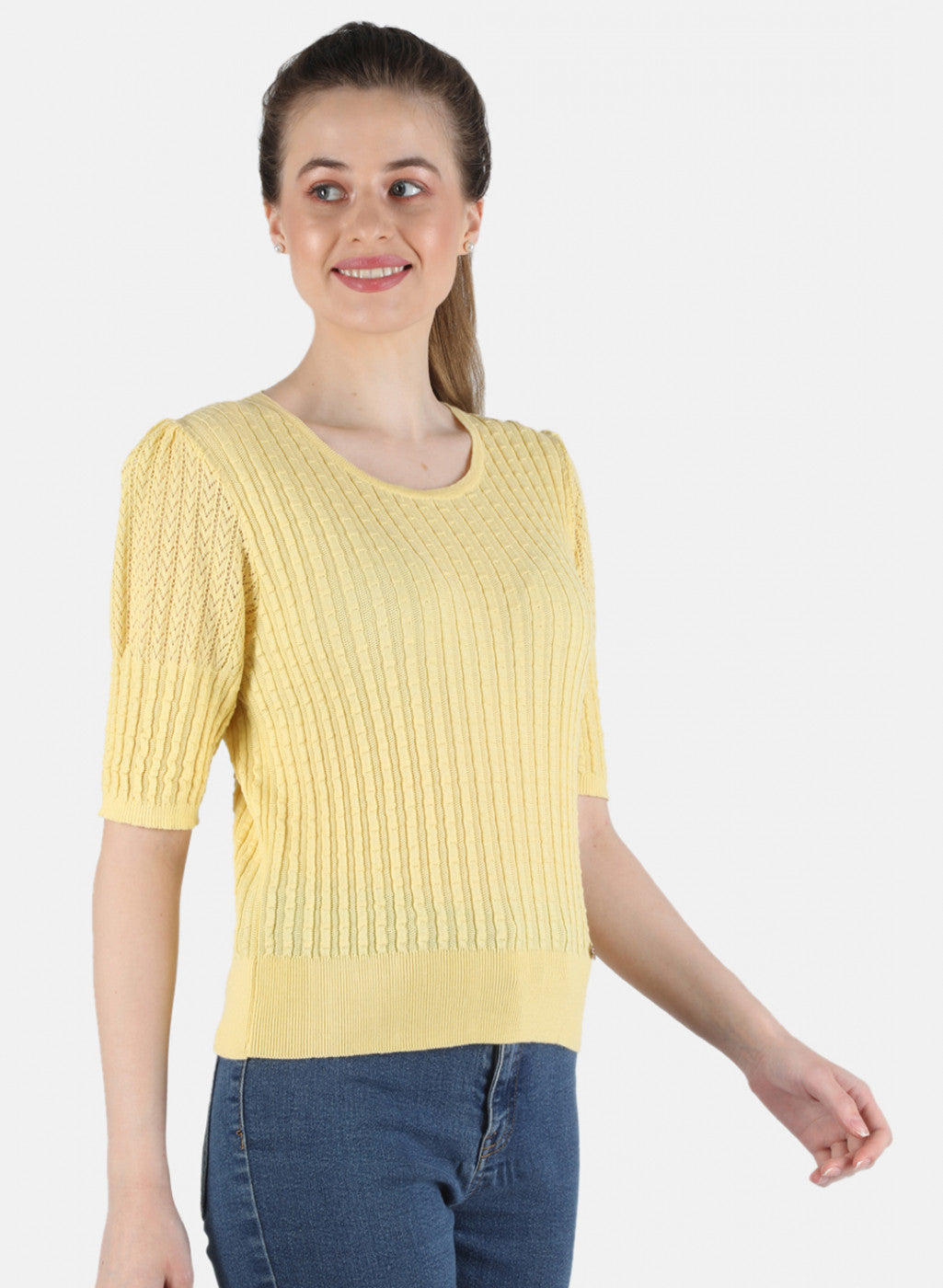 Women Yellow Self Design Top