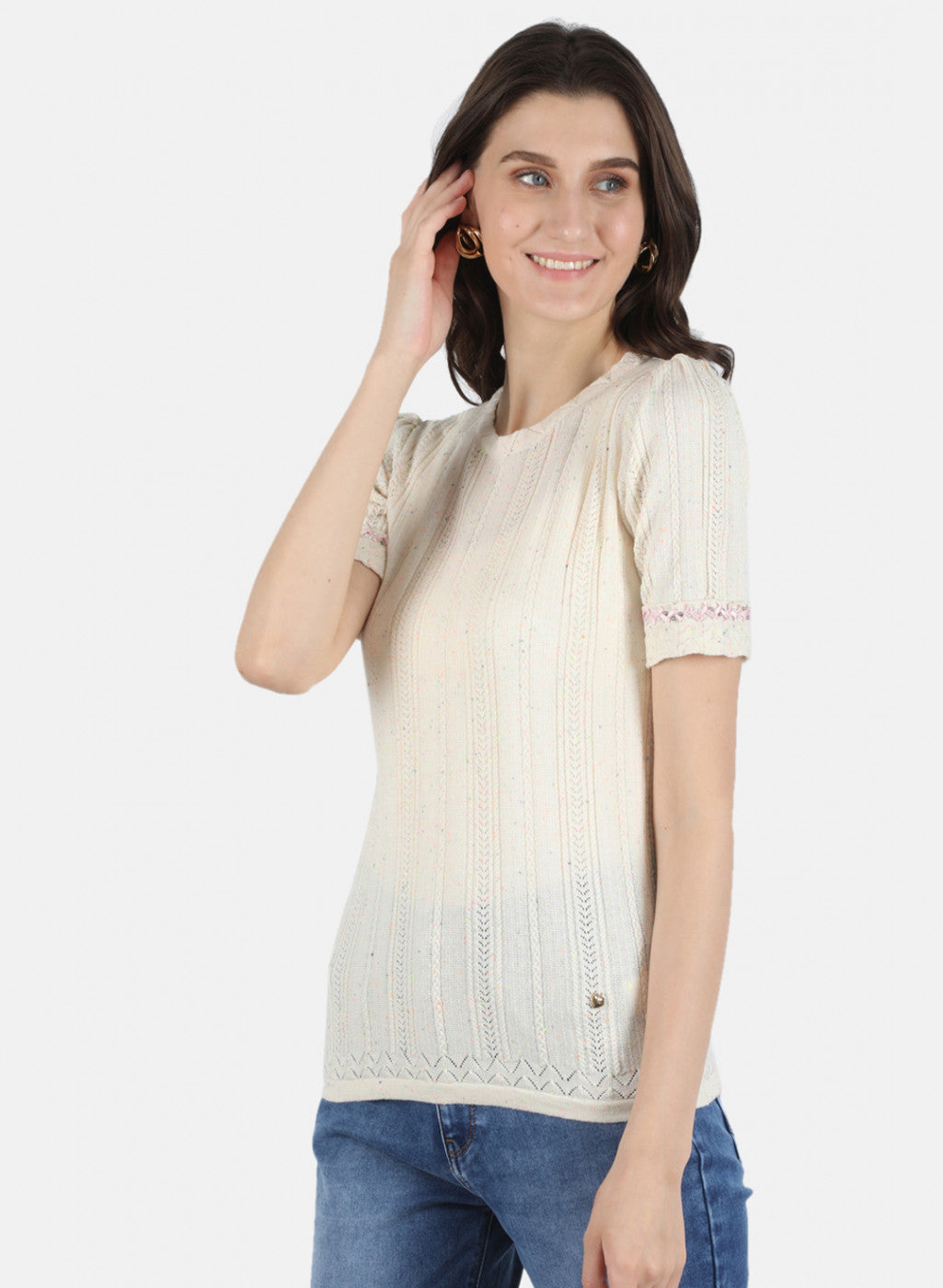 Women Beige Self Design Top