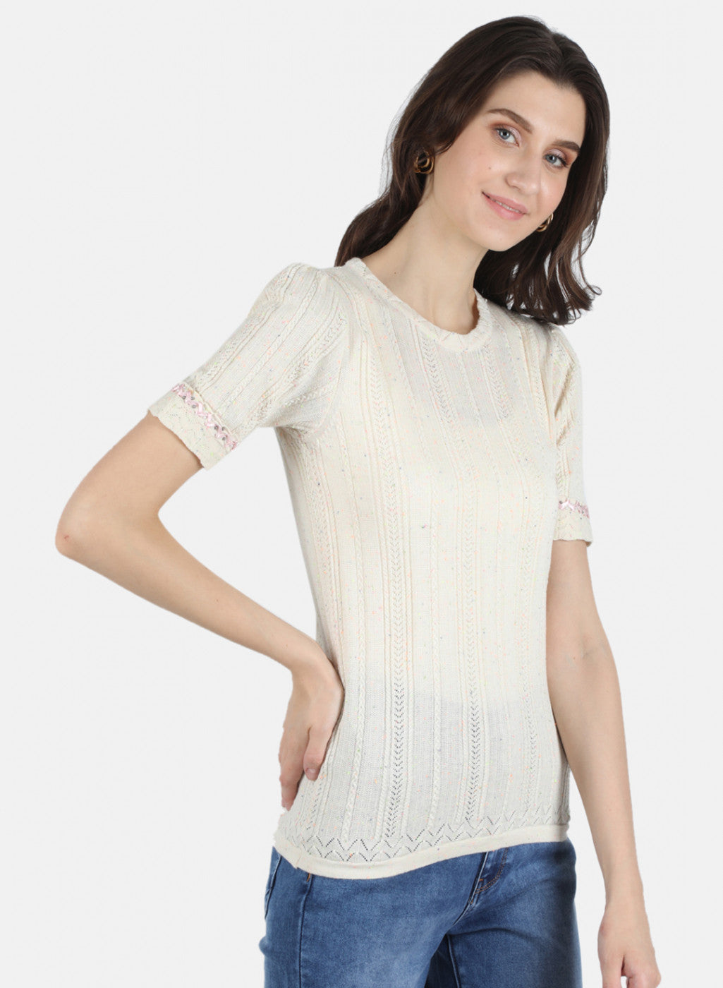 Women Beige Self Design Top