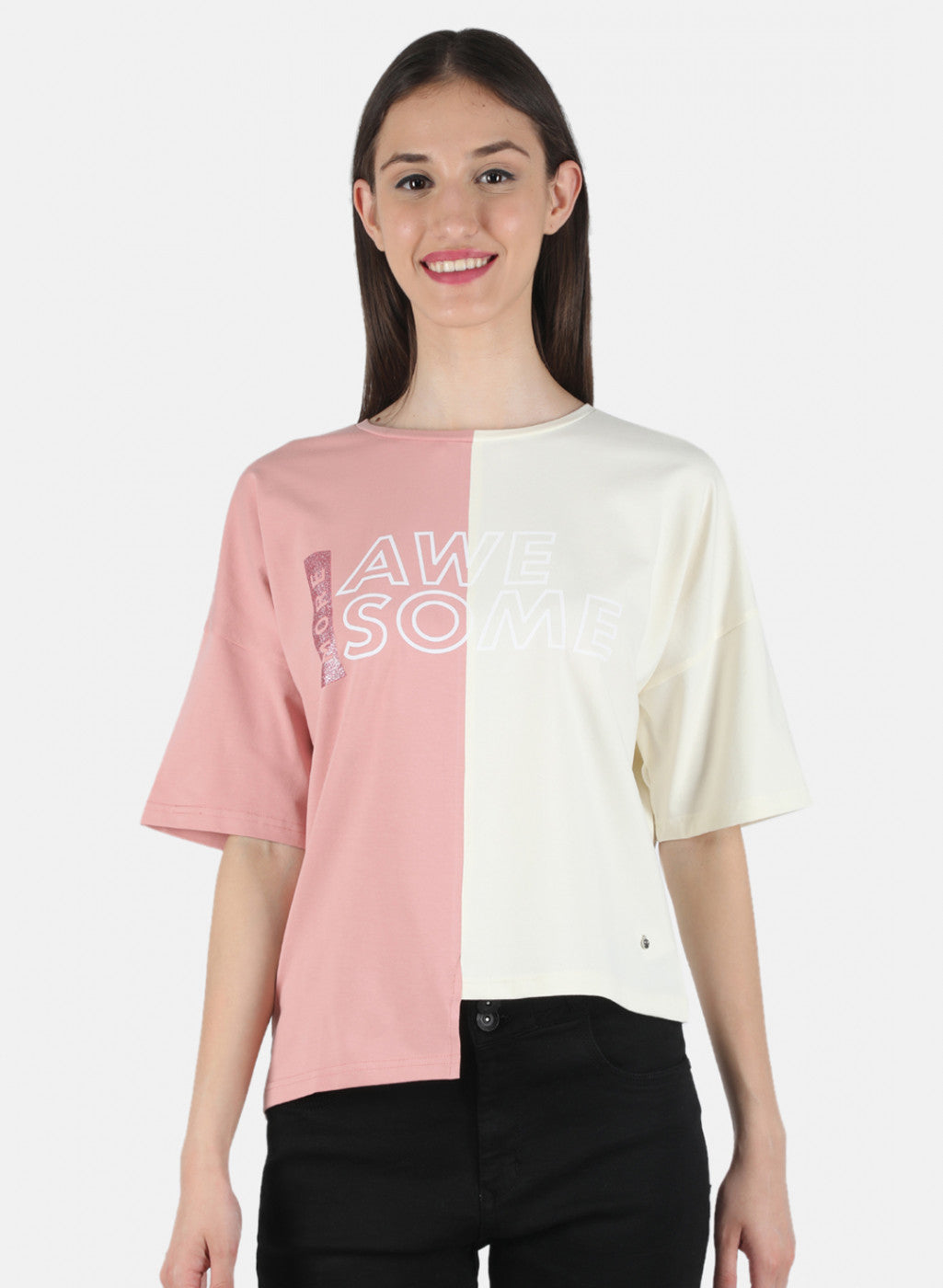 Women Cream & Pink Printed Top