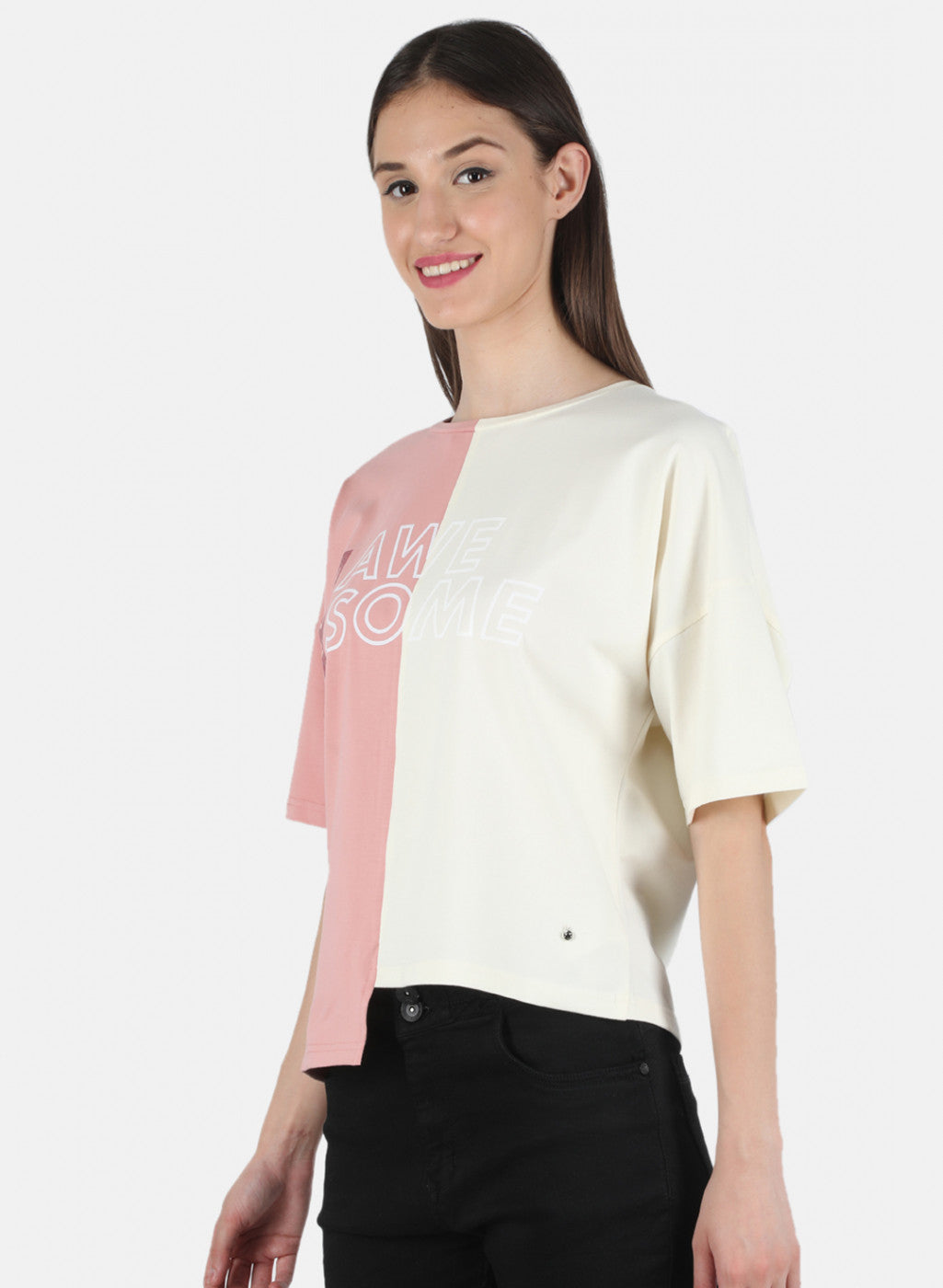 Women Cream & Pink Printed Top