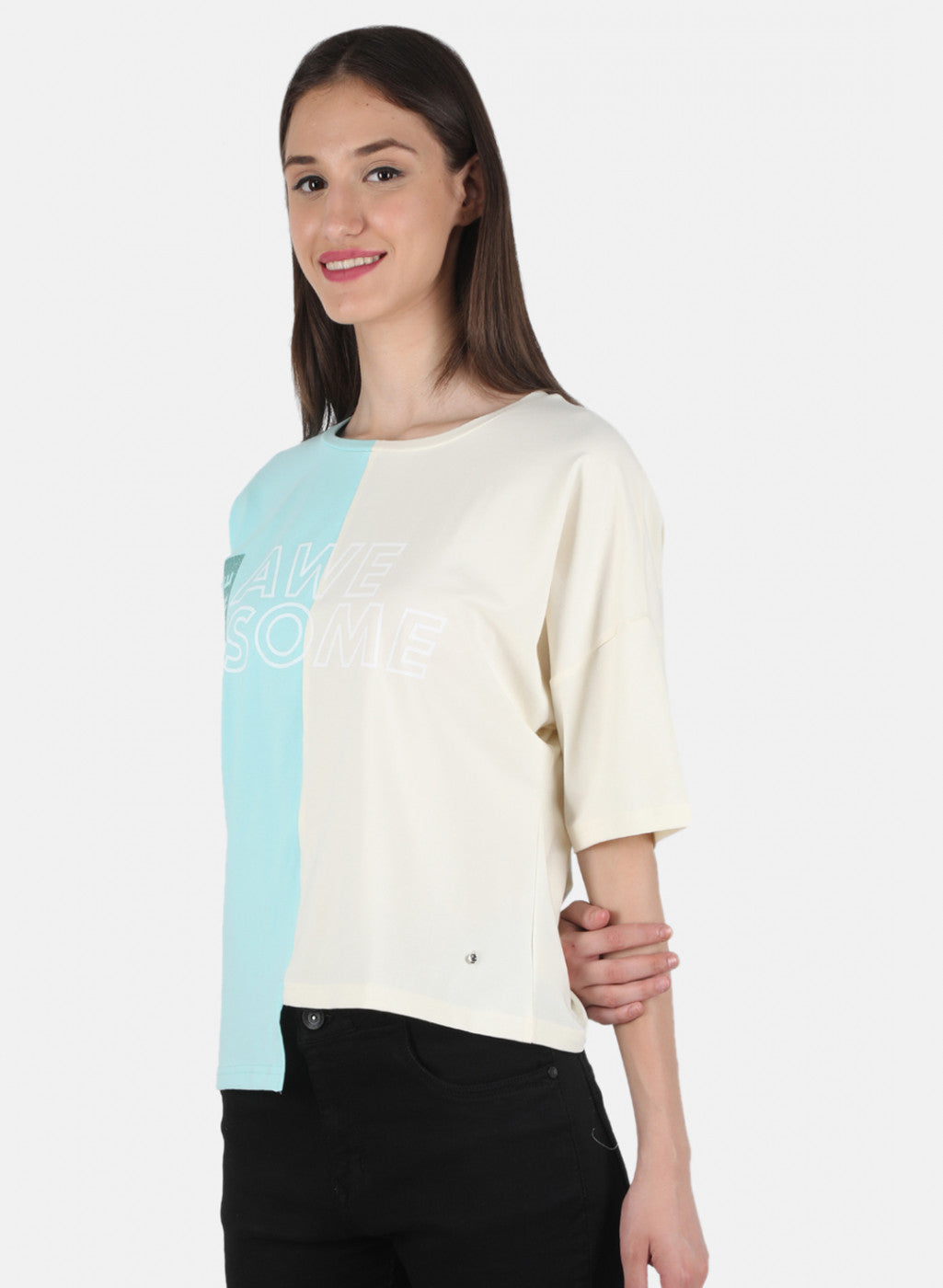 Women Cream & Blue Printed Top