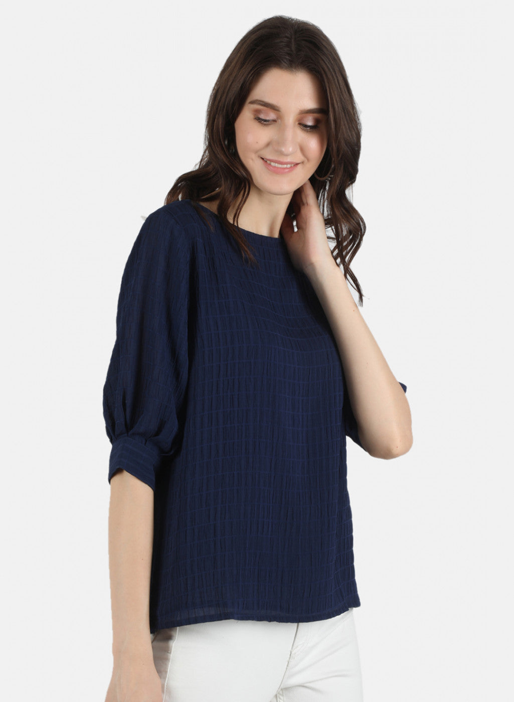 Women Navy Blue Check Top