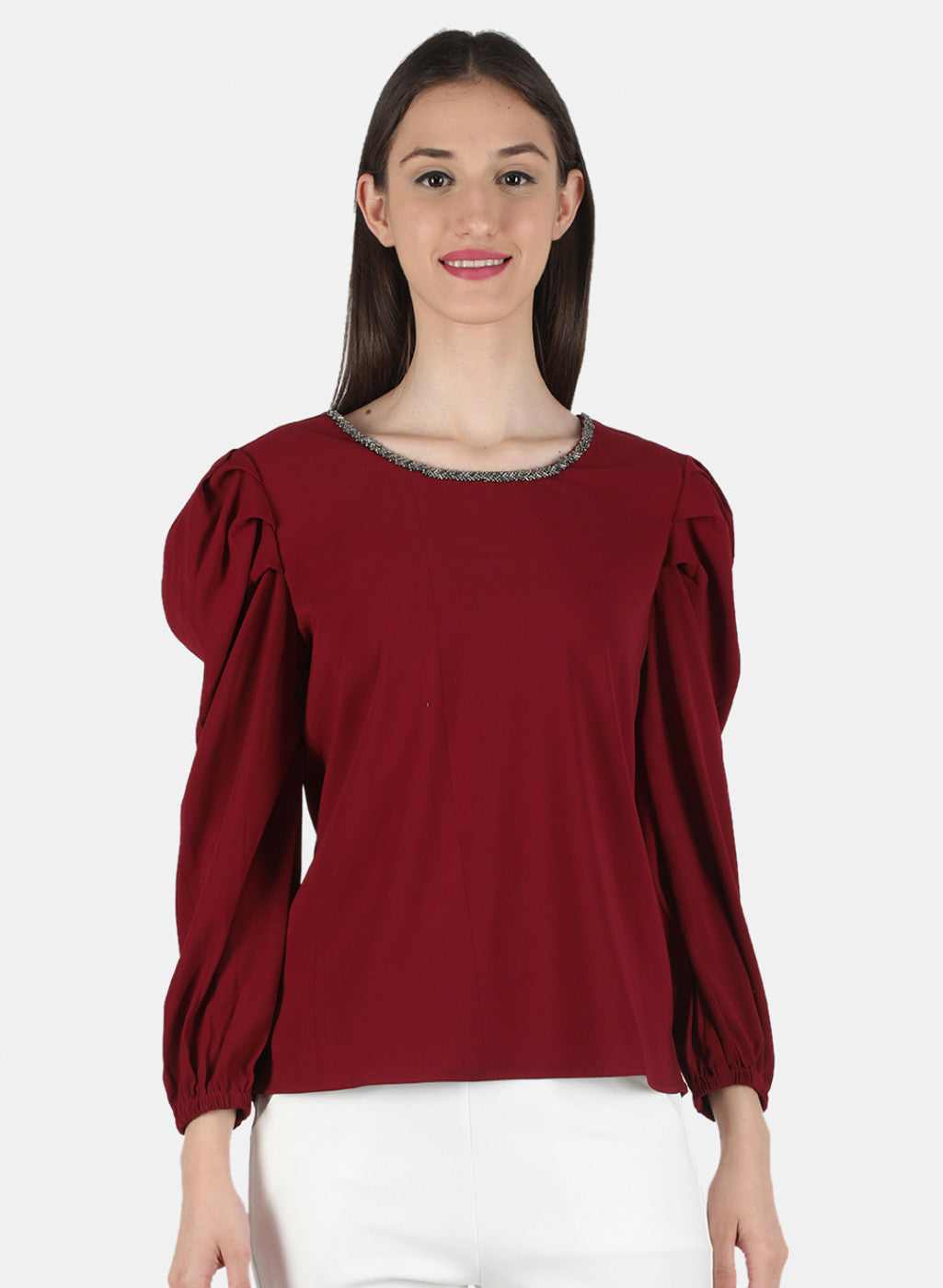 Women Maroon Plain Top