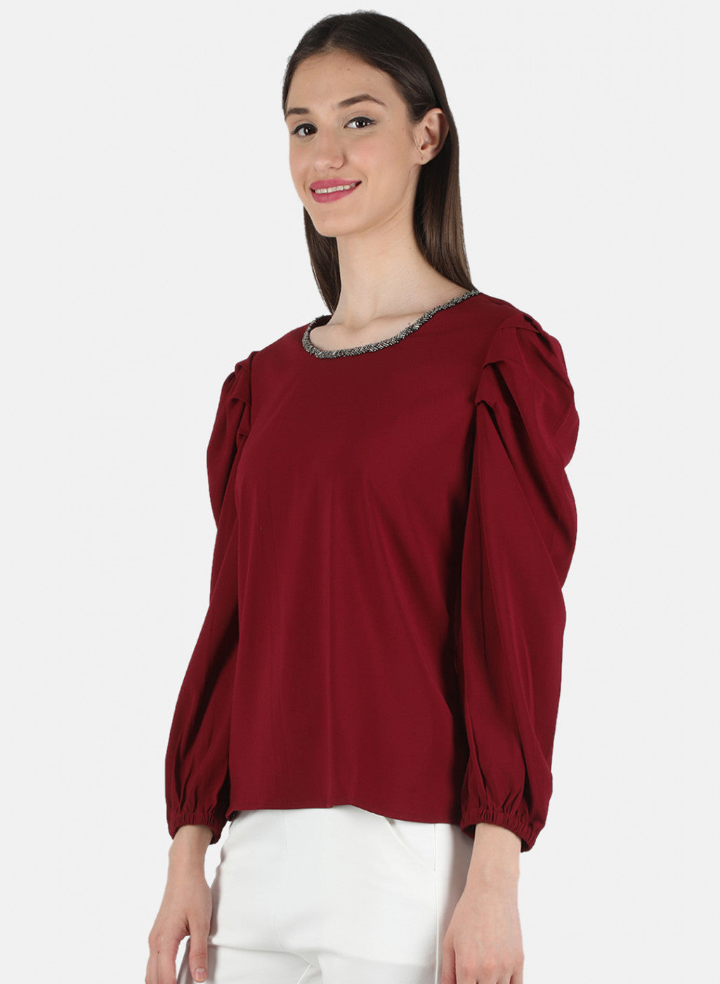 Women Maroon Plain Top