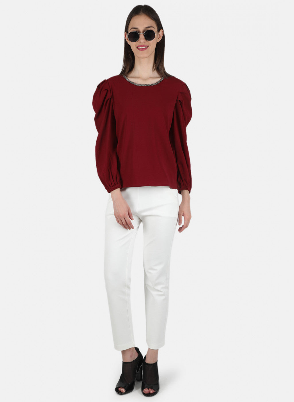 Women Maroon Plain Top