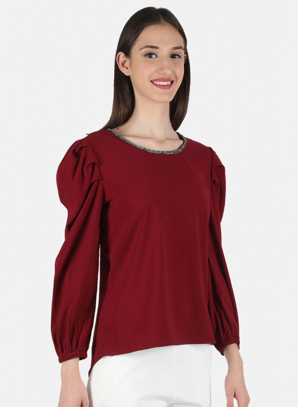 Women Maroon Plain Top