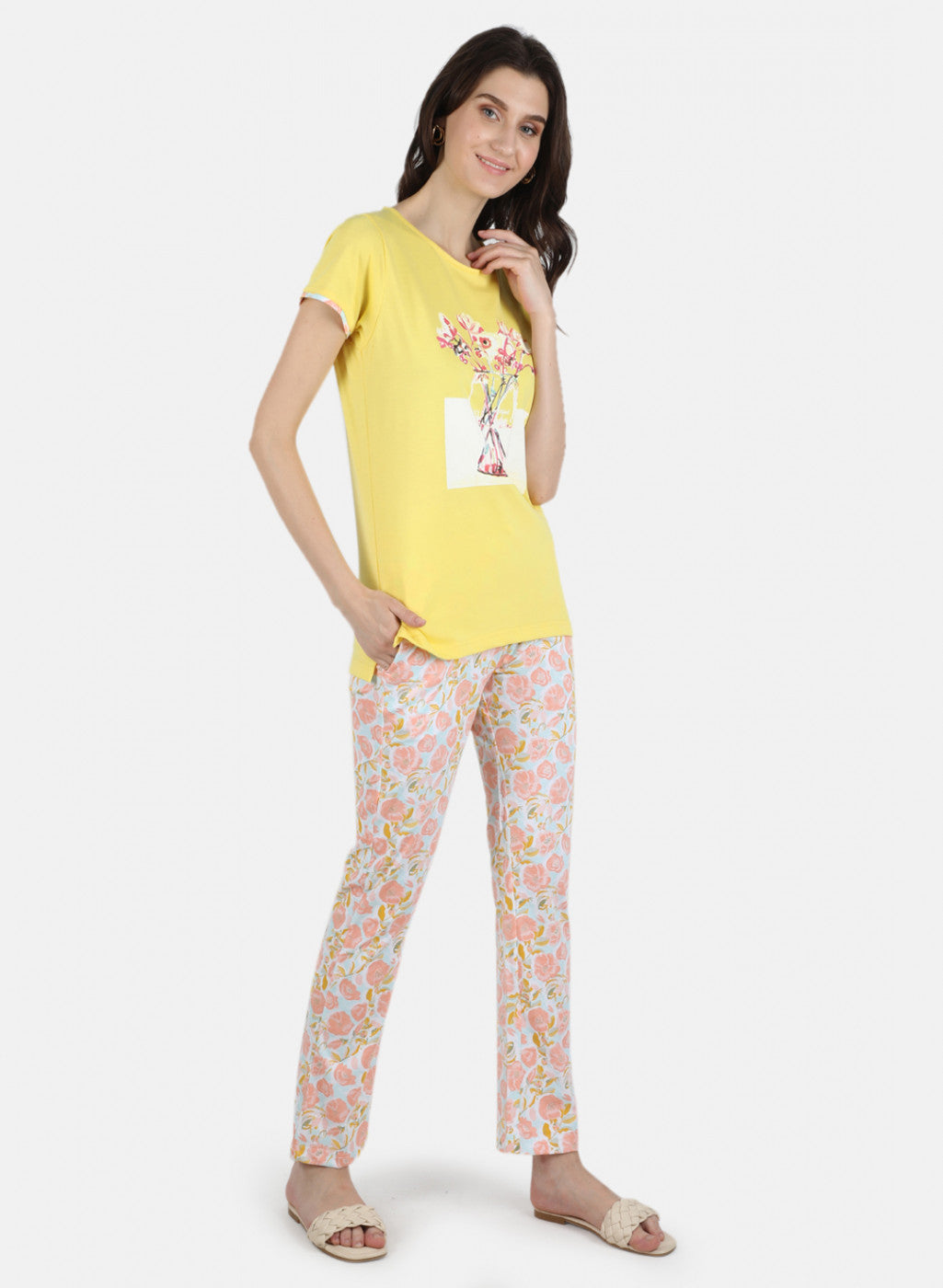 Women Yellow & Peach Printed Lower Set