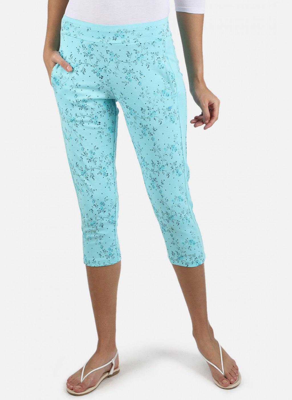 Women Aqua Blue Printed Capri