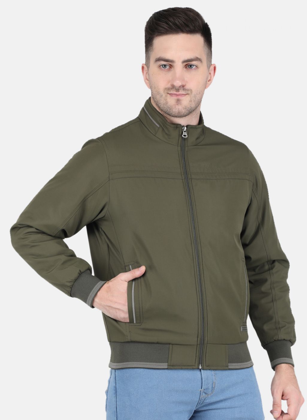 Olive Solid Round Neck Jacket - Stylish and Comfortable