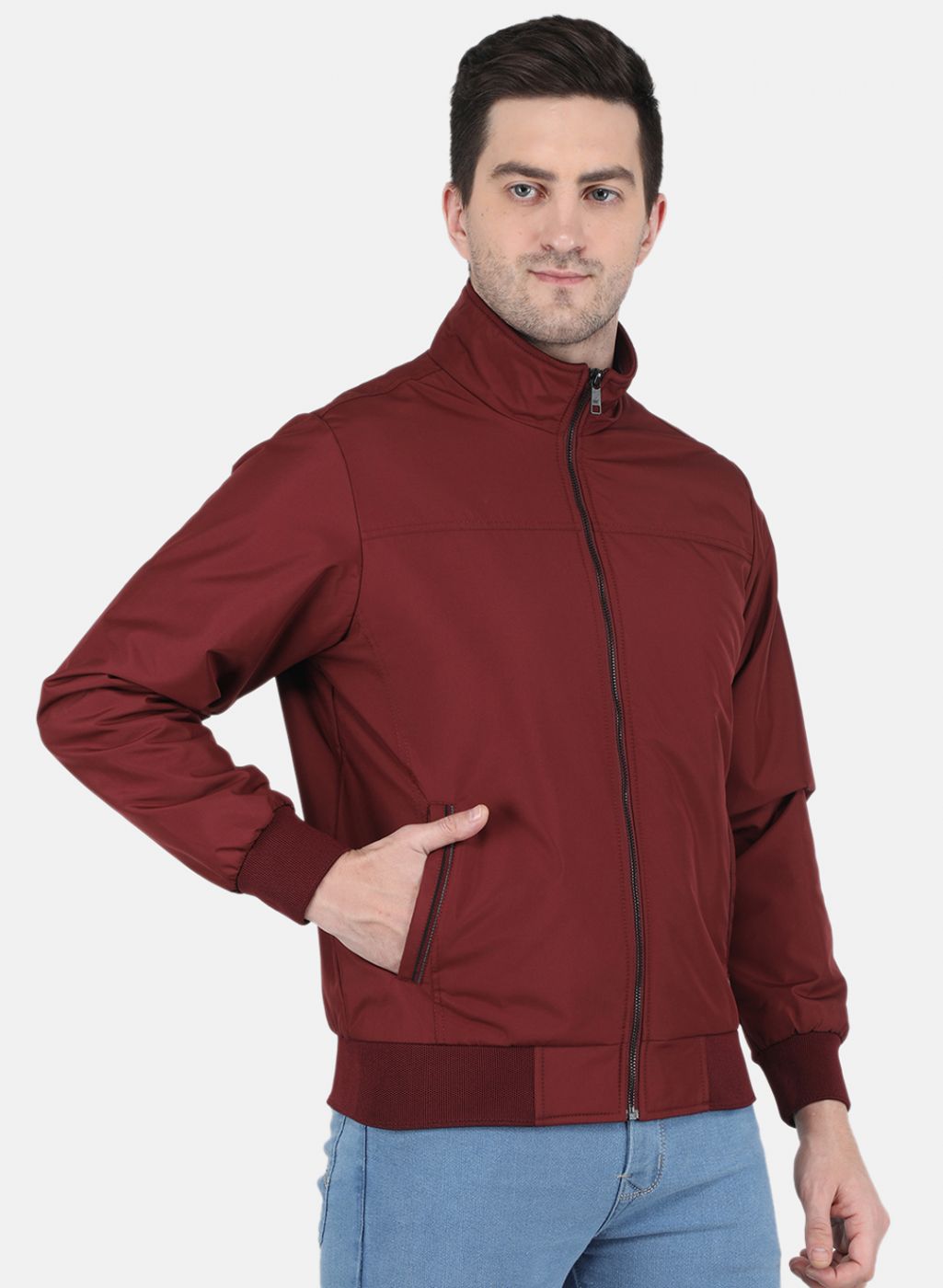 Men Maroon Solid Jacket