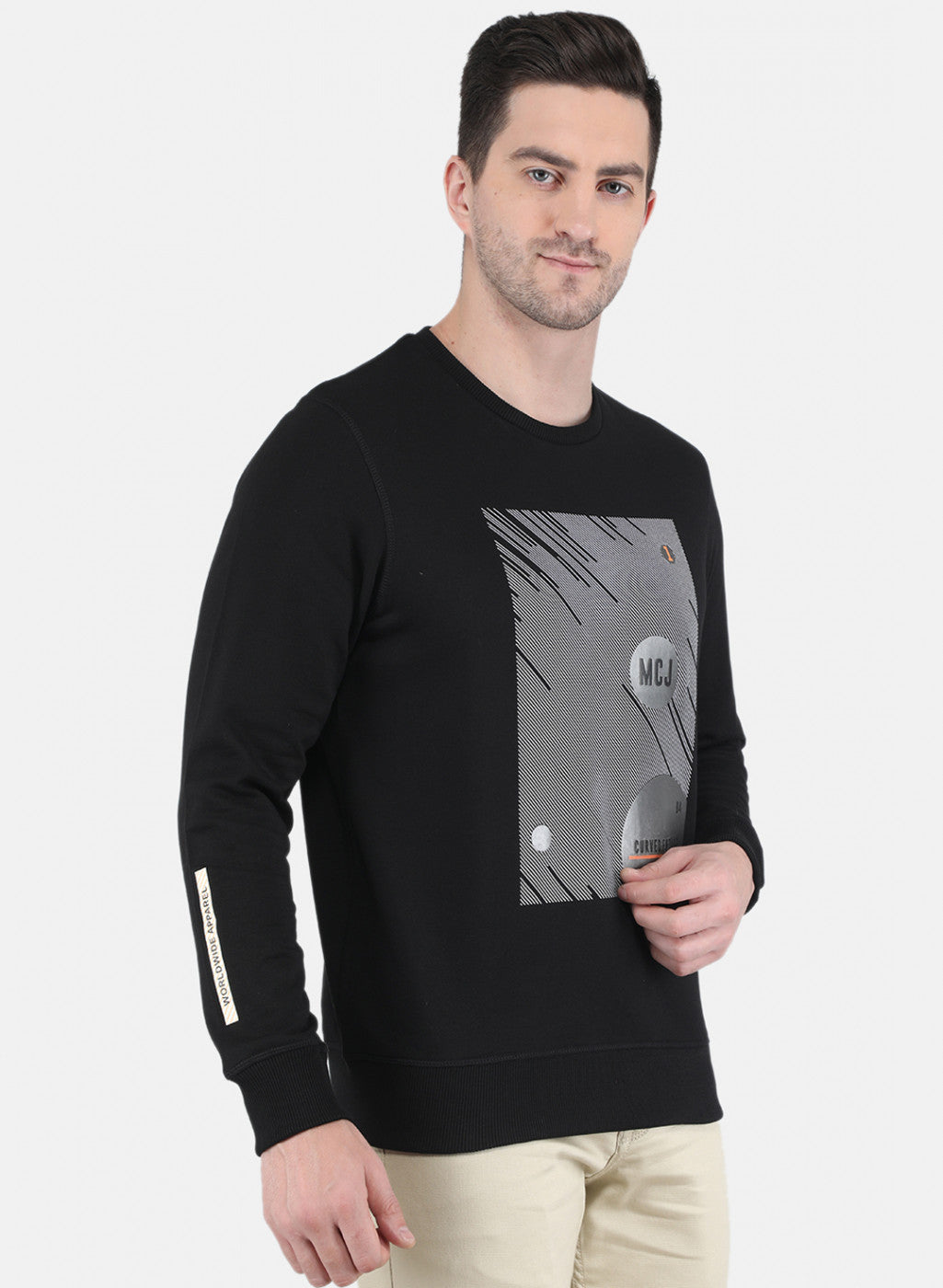 Men Black DiagoNAl Knit with Front Print Sweatshirt