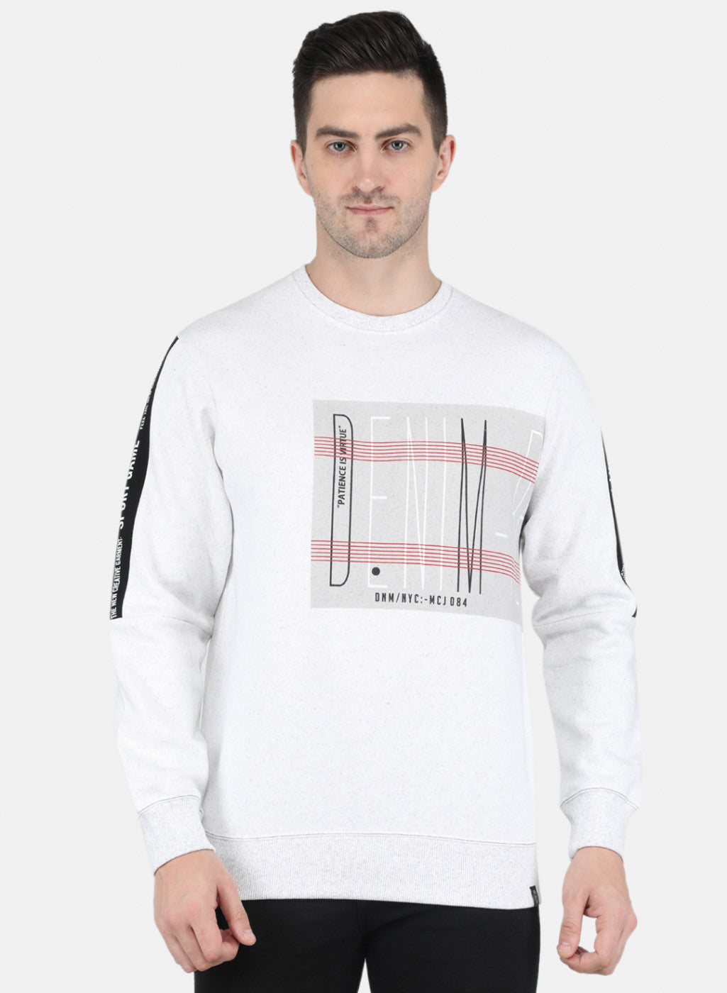 Men Off White Round Neck with Placement Print Sweatshirt