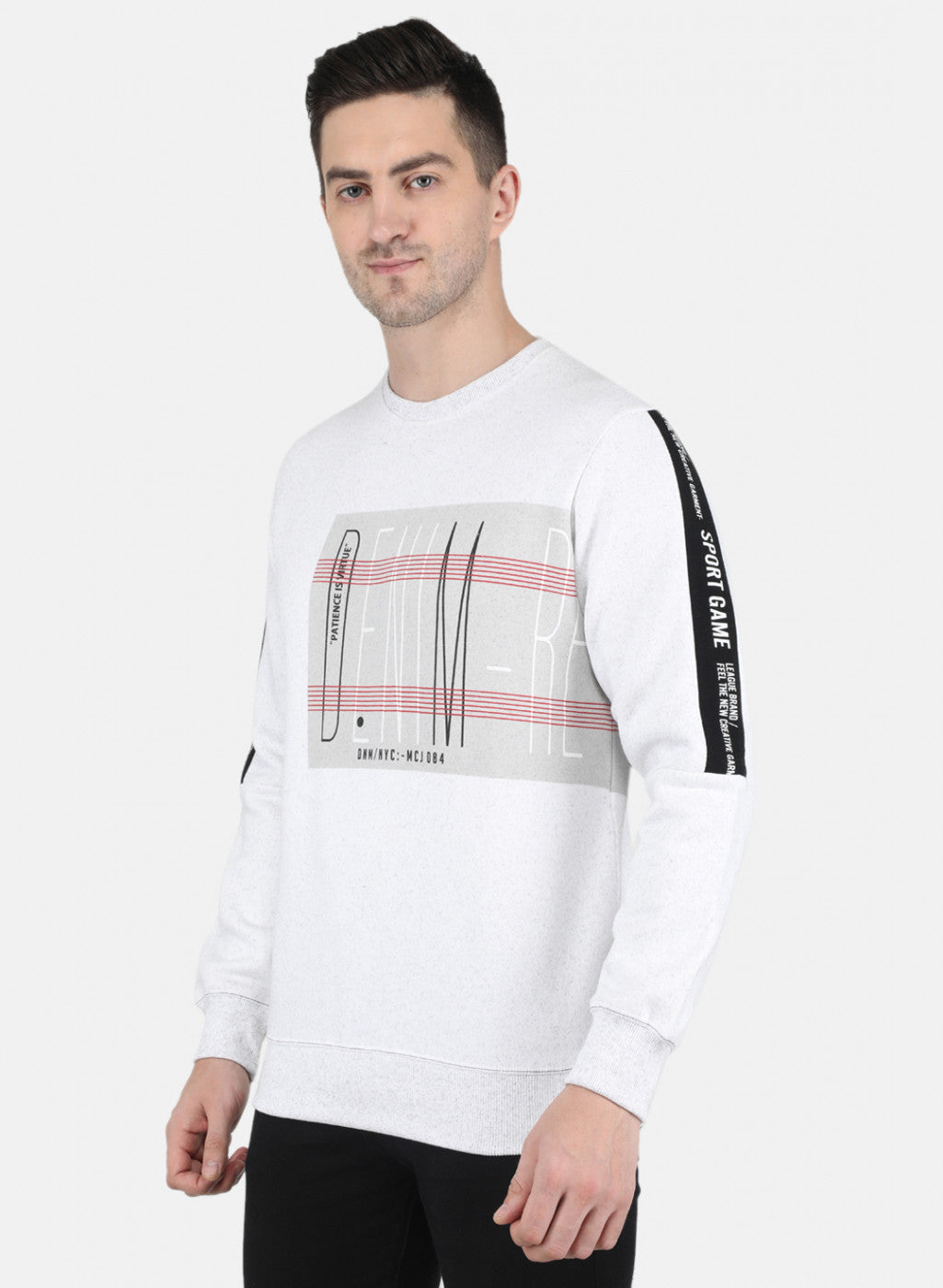 Men Off White Round Neck with Placement Print Sweatshirt