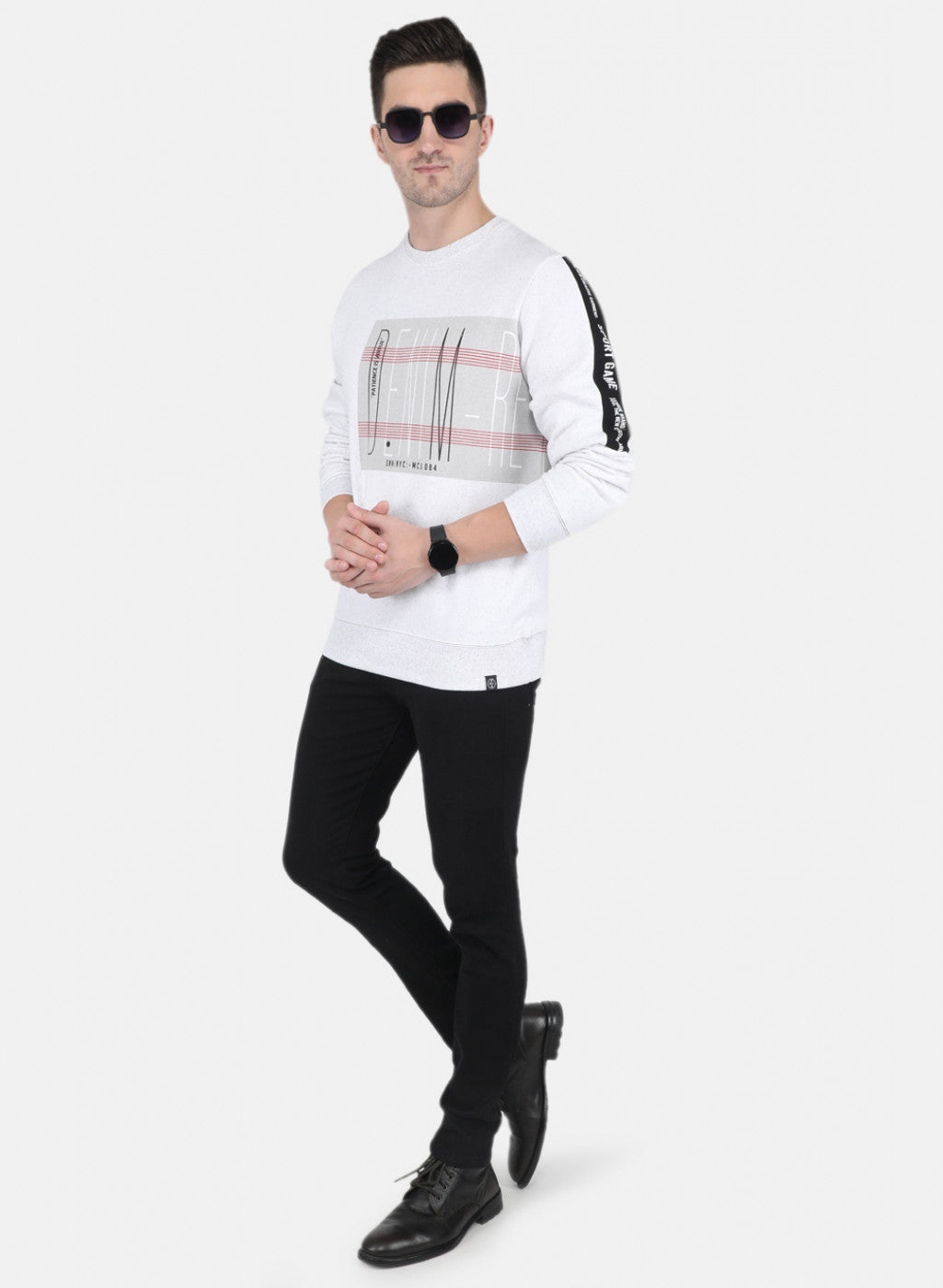 Men Off White Round Neck with Placement Print Sweatshirt