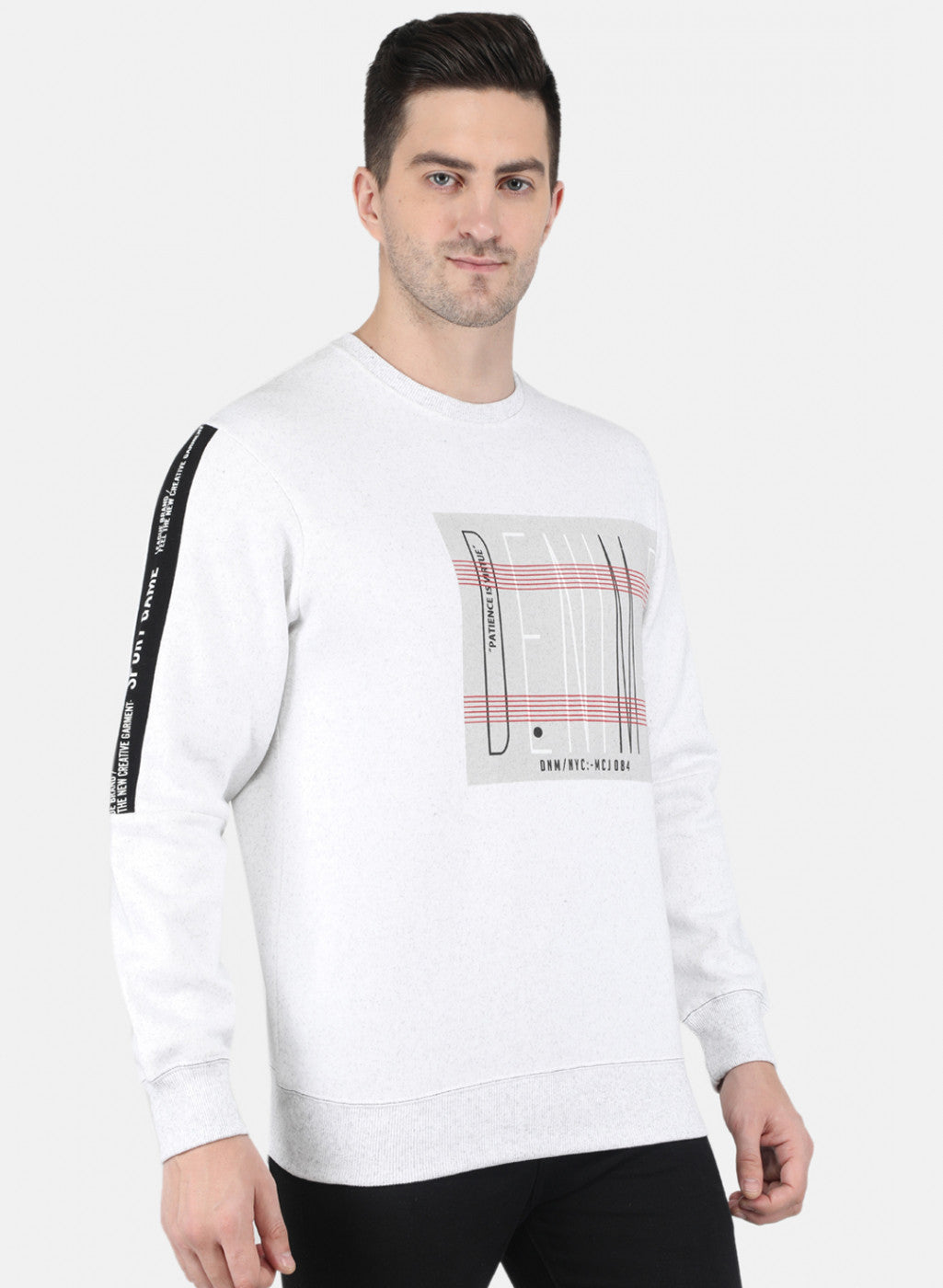 Men Off White Round Neck with Placement Print Sweatshirt