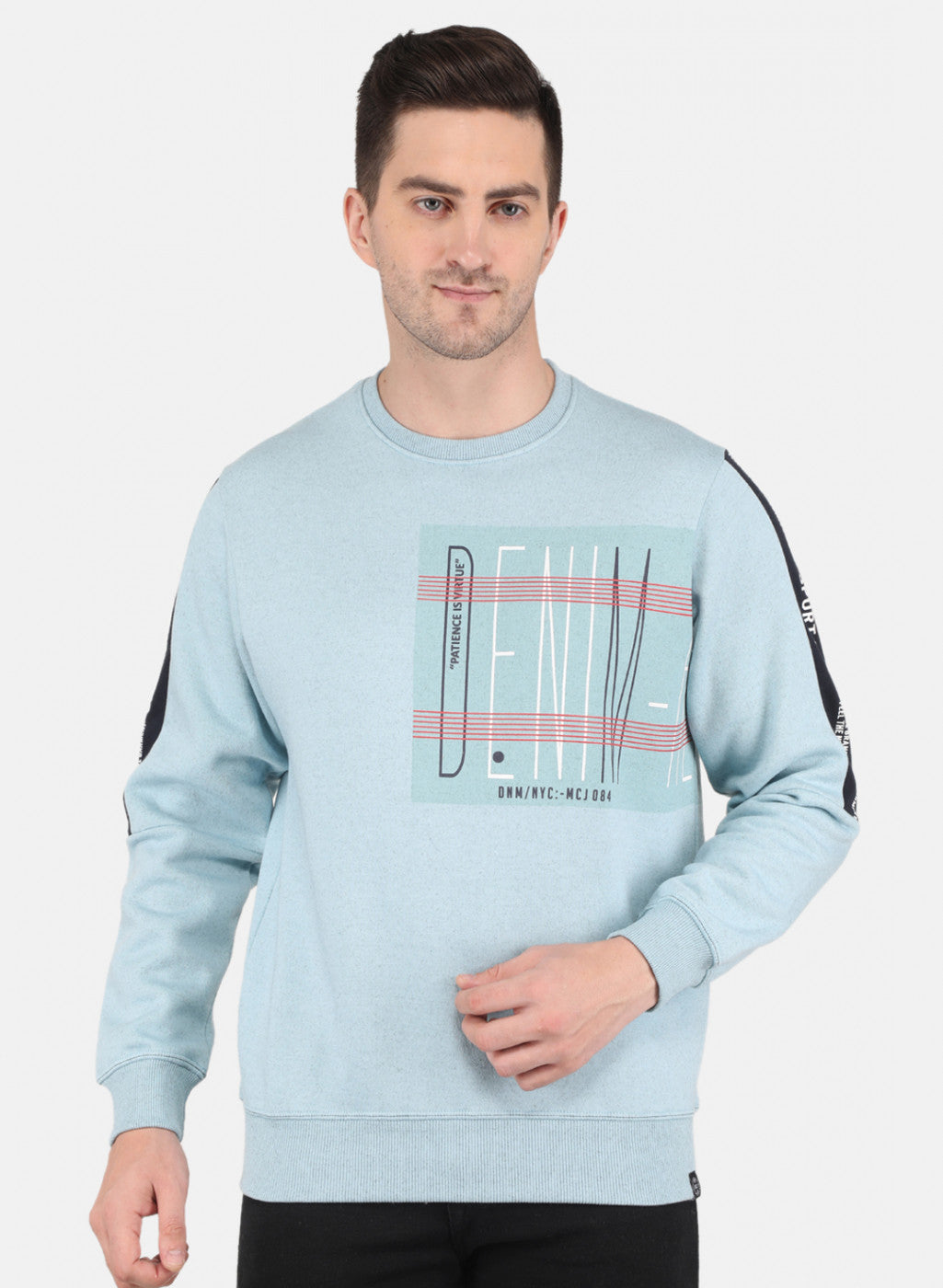 Men Sky Blue Round Neck with Placement Print Sweatshirt