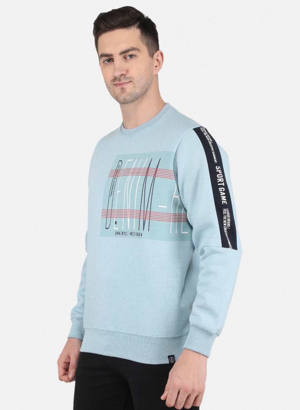 Men Sky Blue Round Neck with Placement Print Sweatshirt