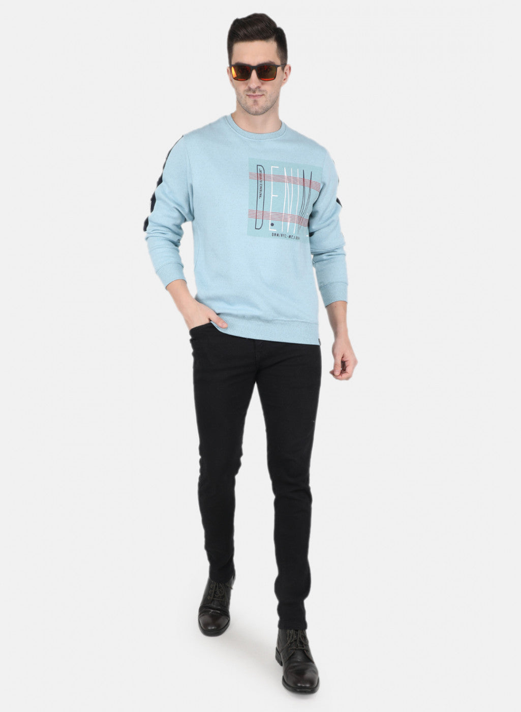 Men Sky Blue Round Neck with Placement Print Sweatshirt